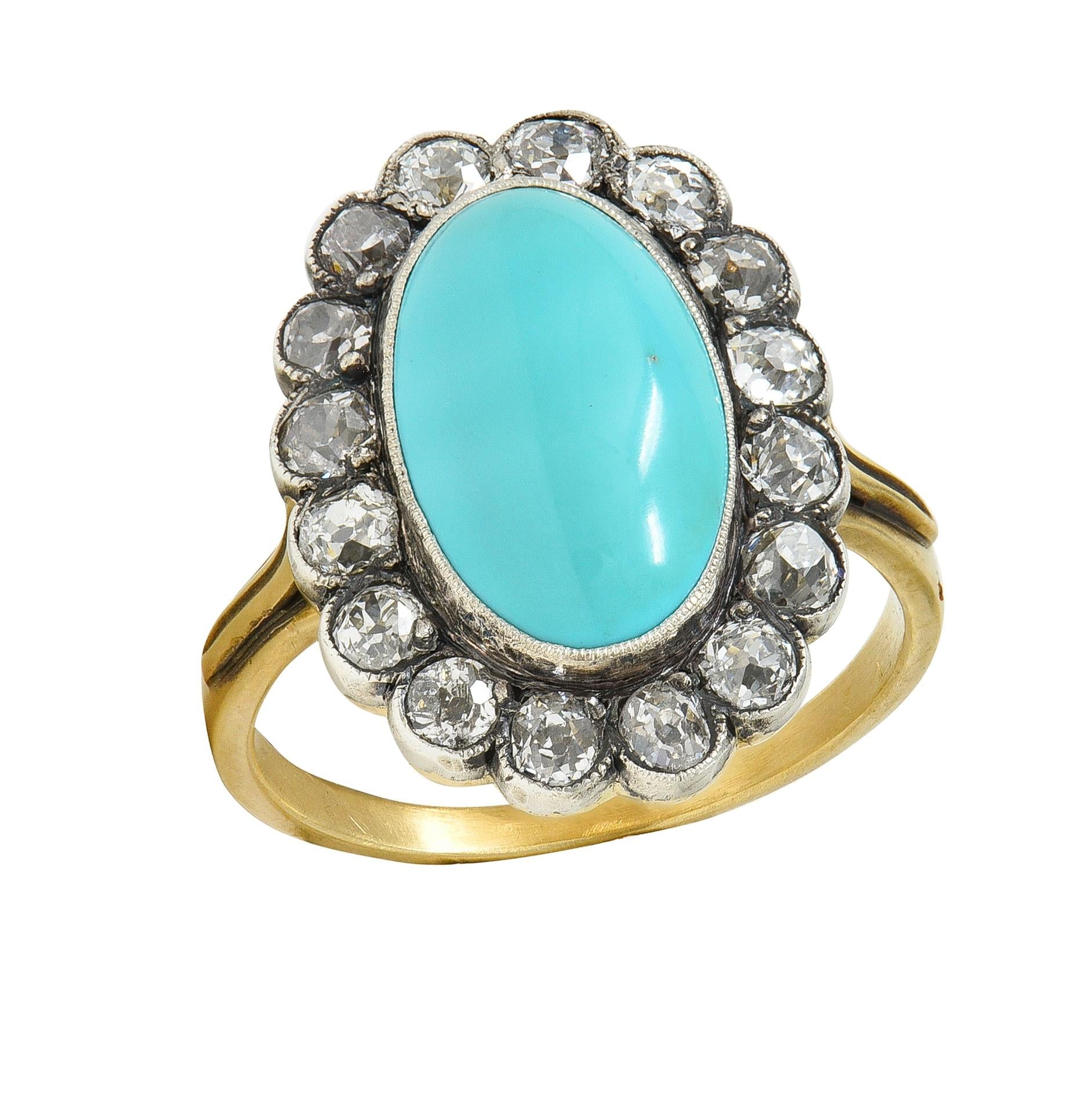 Early Victorian Diamond Turquoise Silver 14 Karat Yellow Gold Antique Halo Ring