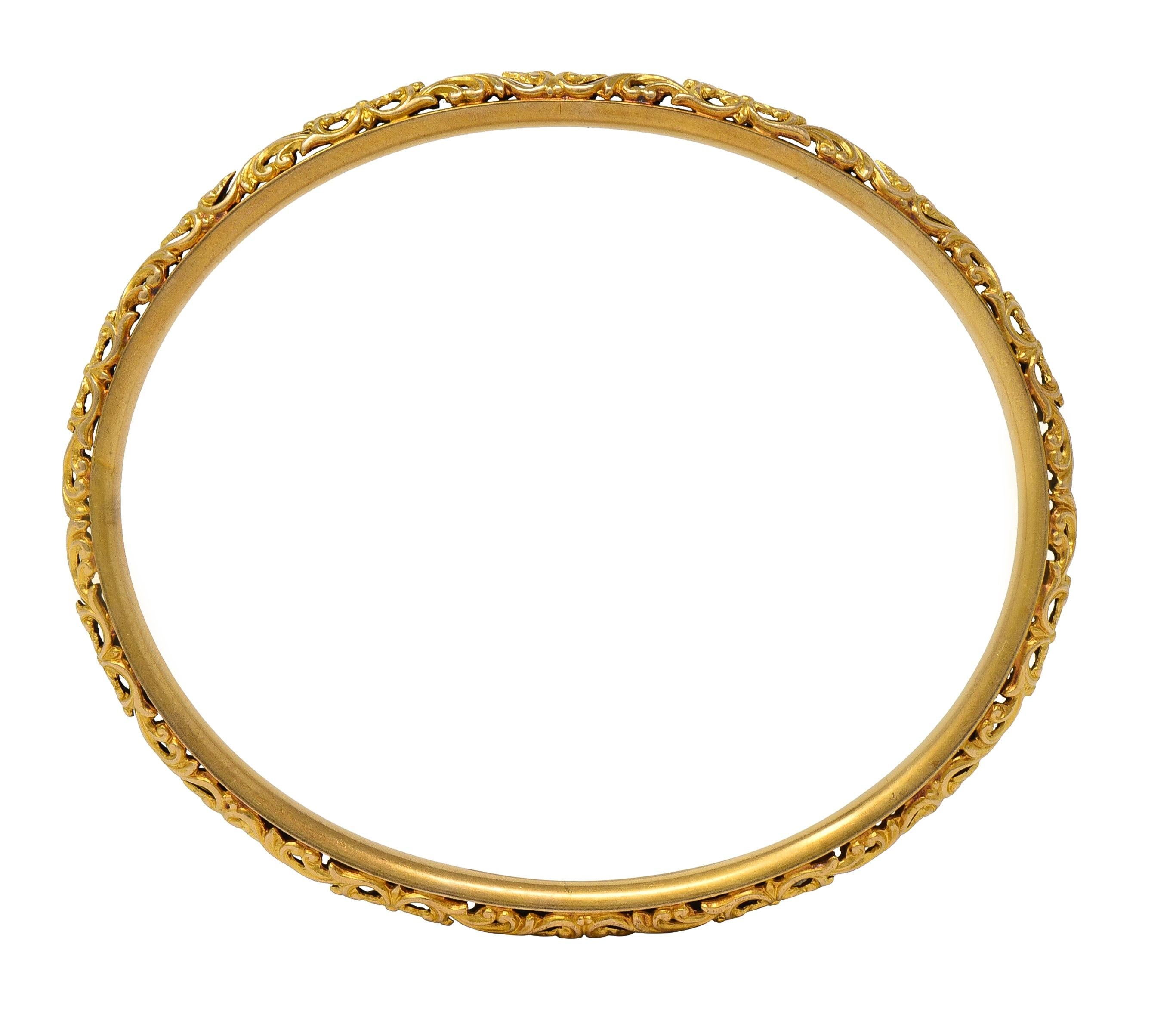 Sloan & Co. Late Victorian 14K Gold Ornamental Floral Antique Bangle Bracelet