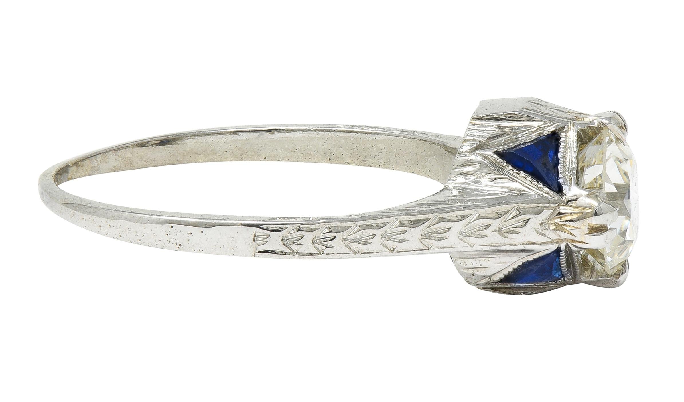 Art Deco 0.75 CTW Diamond Sapphire 18 White Gold Vintage Wheat Engagement Ring