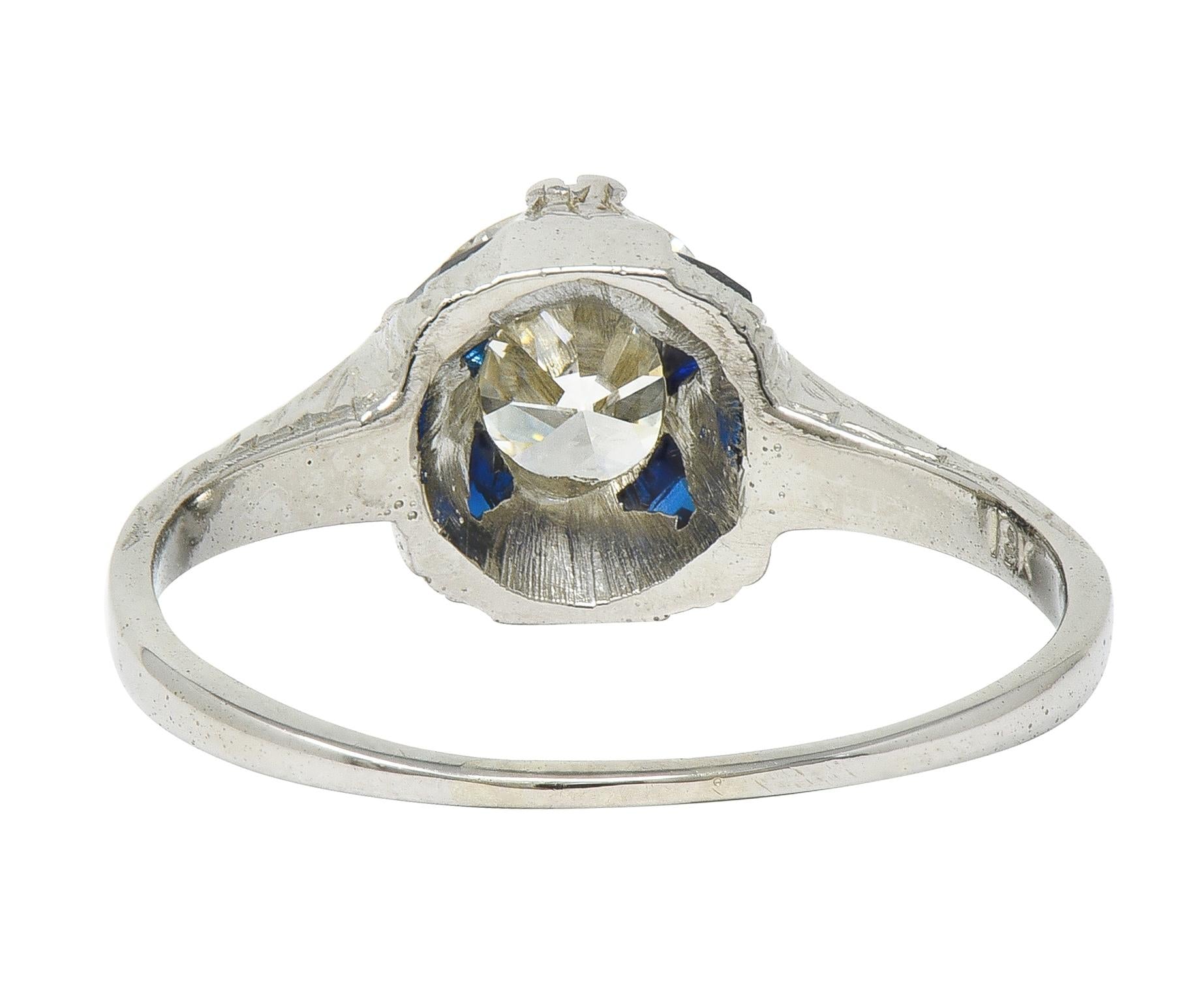 Art Deco 0.75 CTW Diamond Sapphire 18 White Gold Vintage Wheat Engagement Ring