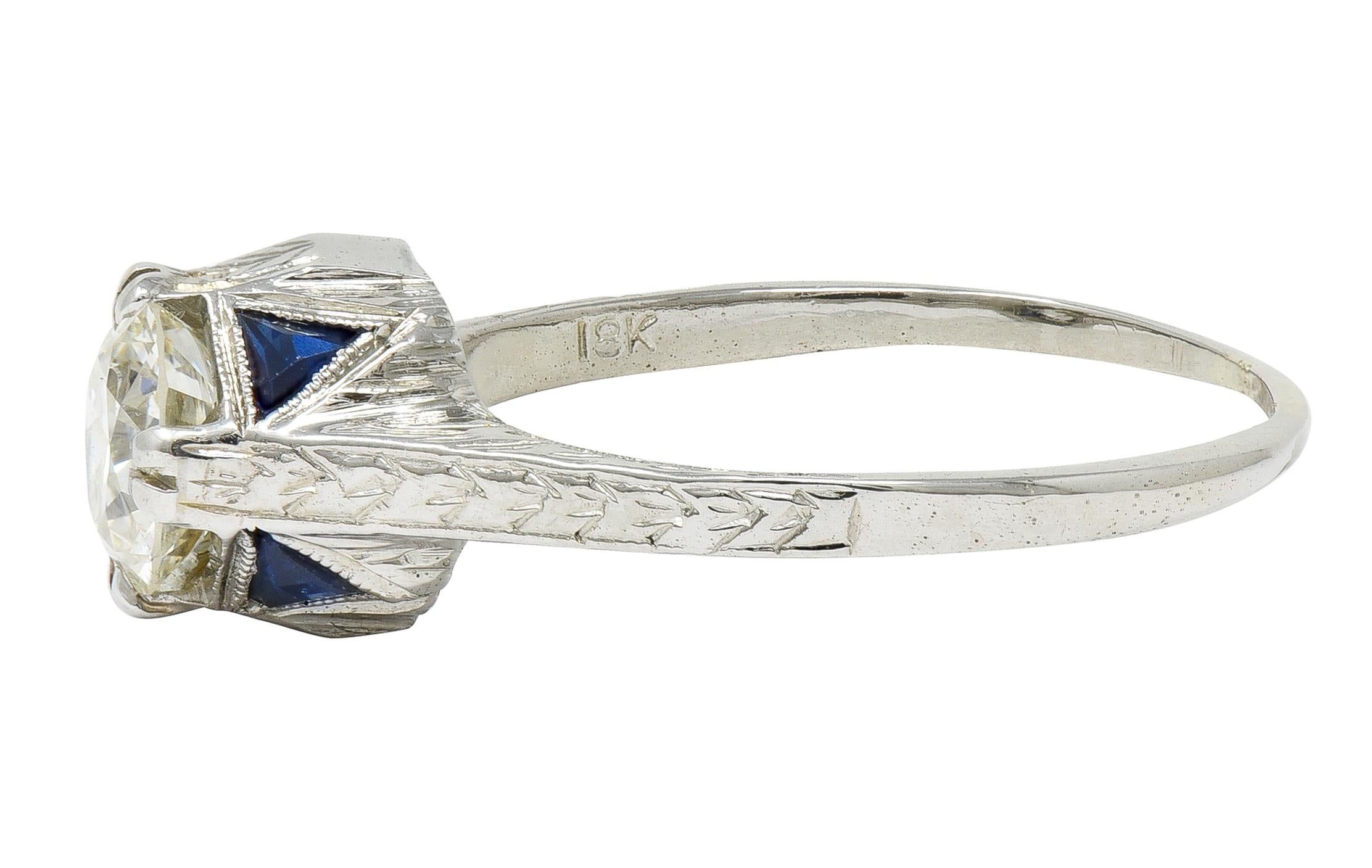 Art Deco 0.75 CTW Diamond Sapphire 18 White Gold Vintage Wheat Engagement Ring