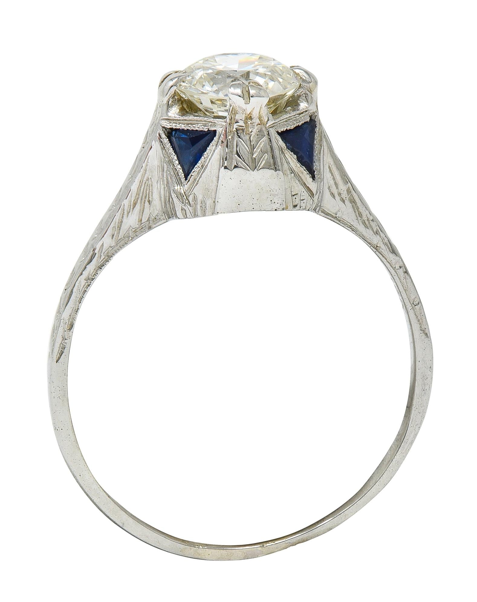 Art Deco 0.75 CTW Diamond Sapphire 18 White Gold Vintage Wheat Engagement Ring