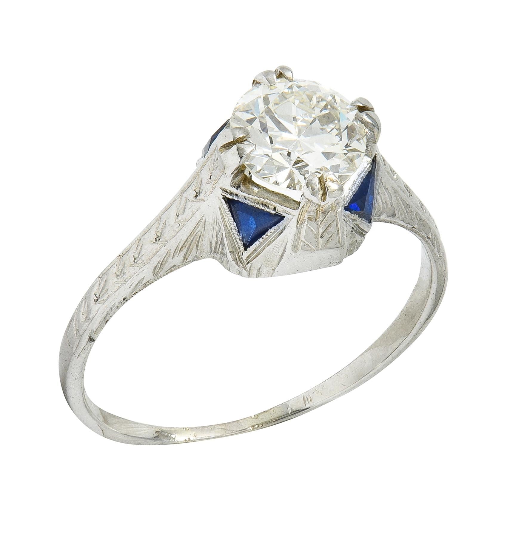 Art Deco 0.75 CTW Diamond Sapphire 18 White Gold Vintage Wheat Engagement Ring