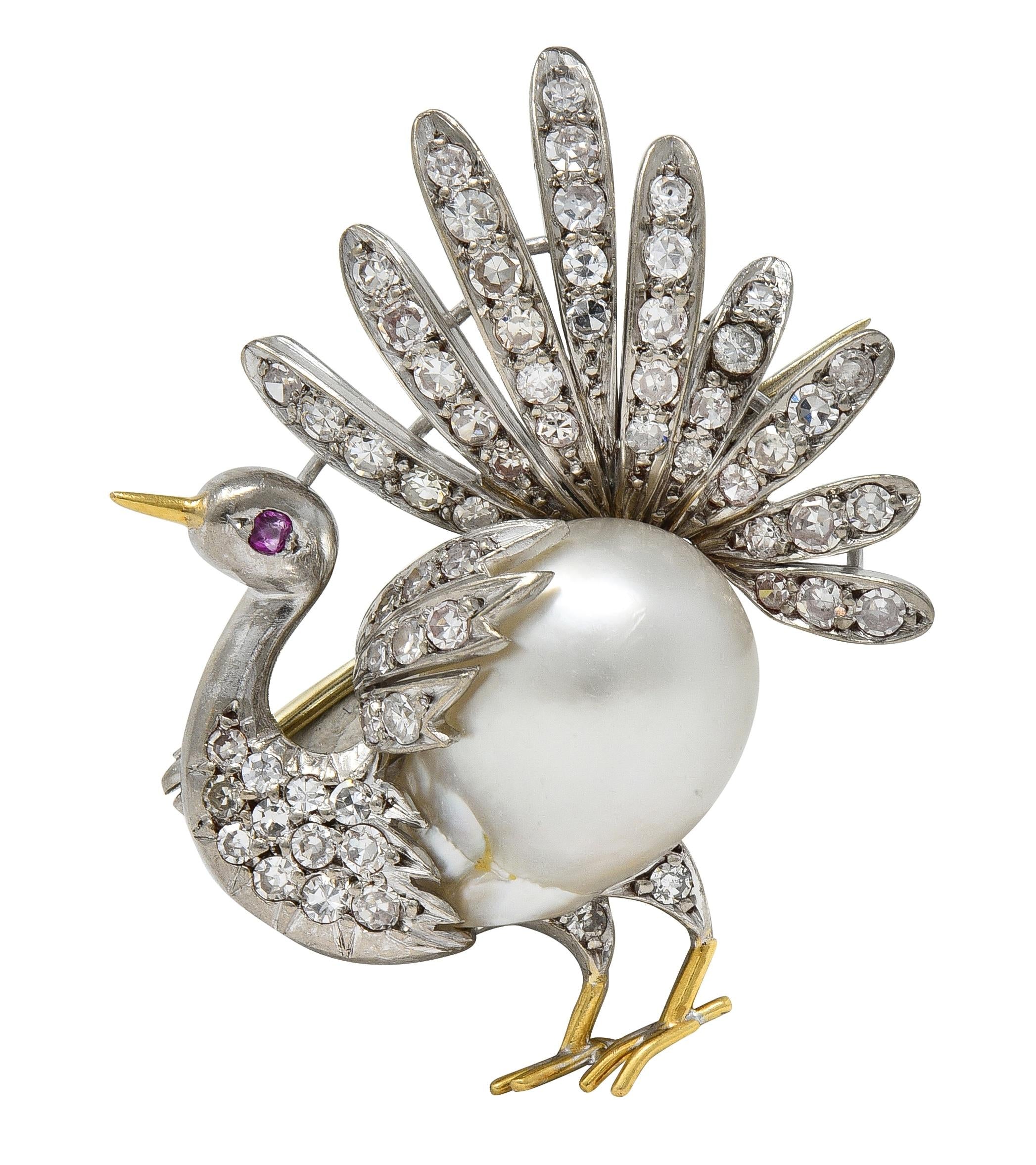 French Pearl Diamond 18 Karat Two-Tone Gold Vintage Turkey Brooch