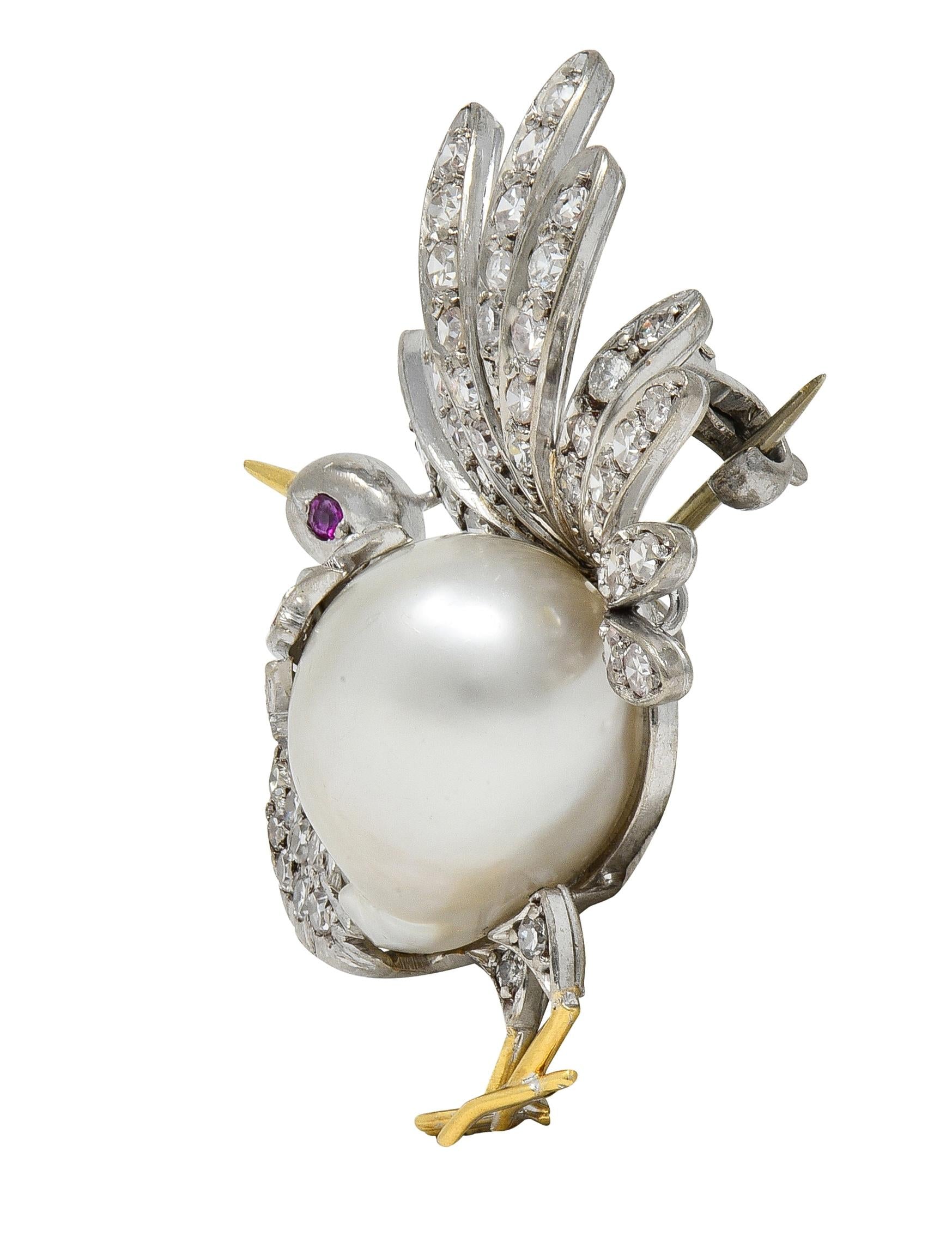 French Pearl Diamond 18 Karat Two-Tone Gold Vintage Turkey Brooch