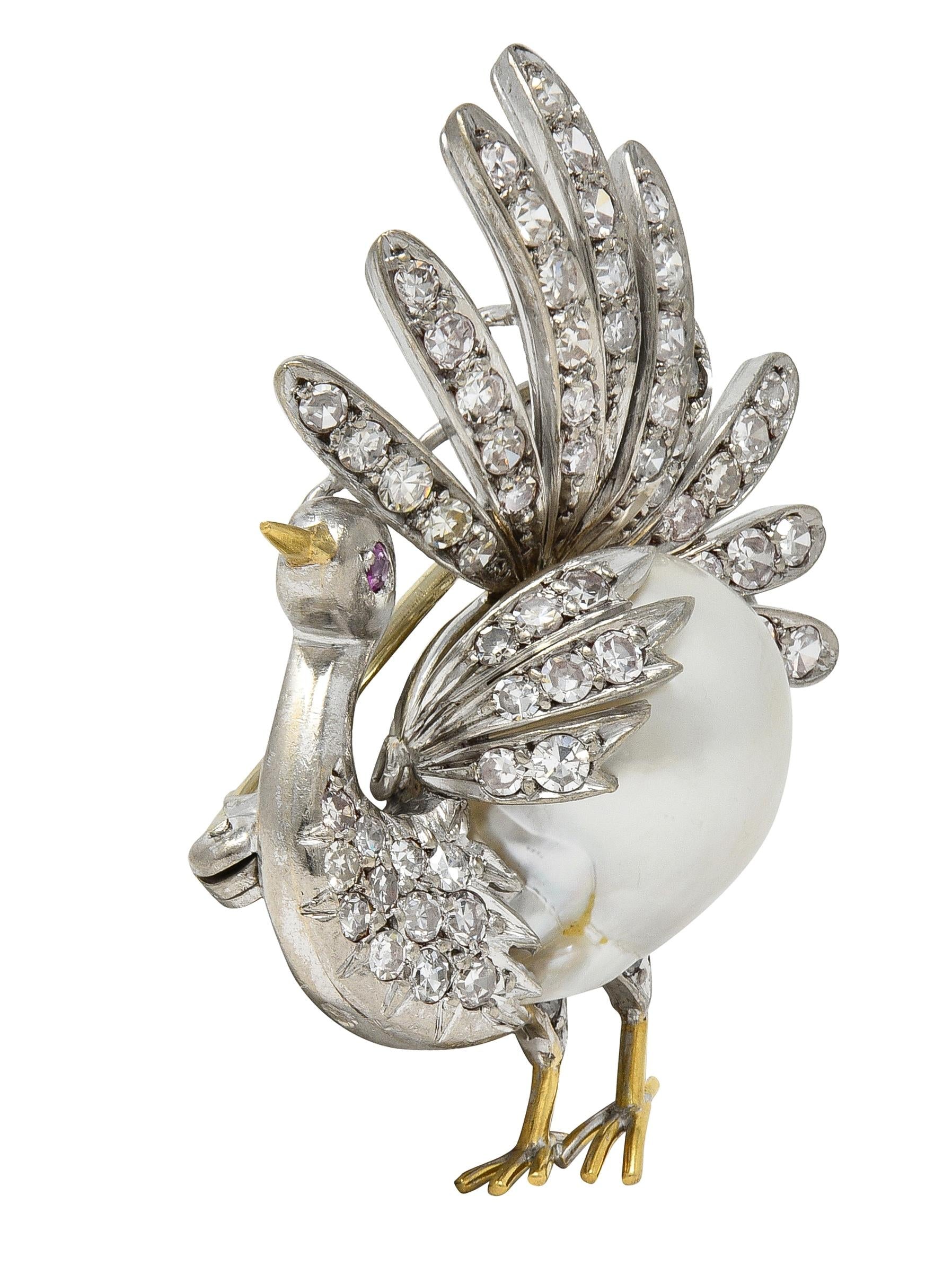 French Pearl Diamond 18 Karat Two-Tone Gold Vintage Turkey Brooch