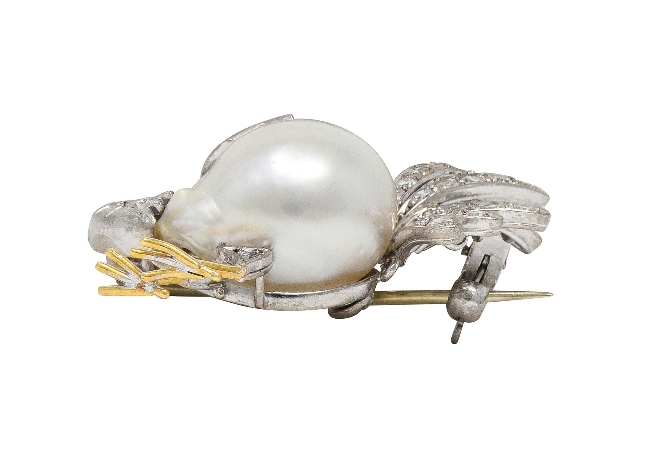 French Pearl Diamond 18 Karat Two-Tone Gold Vintage Turkey Brooch
