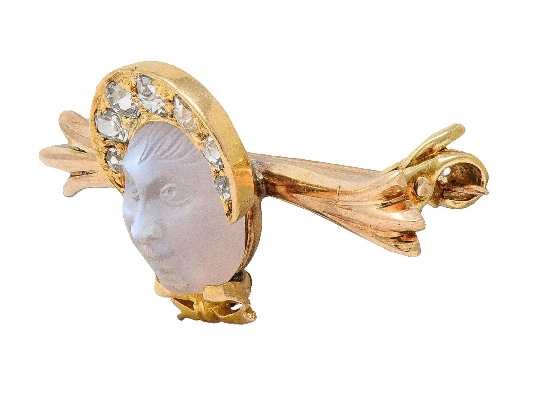 Victorian Diamond Carved Moonstone 14 Karat Yellow Gold Antique Baby Bar Brooch