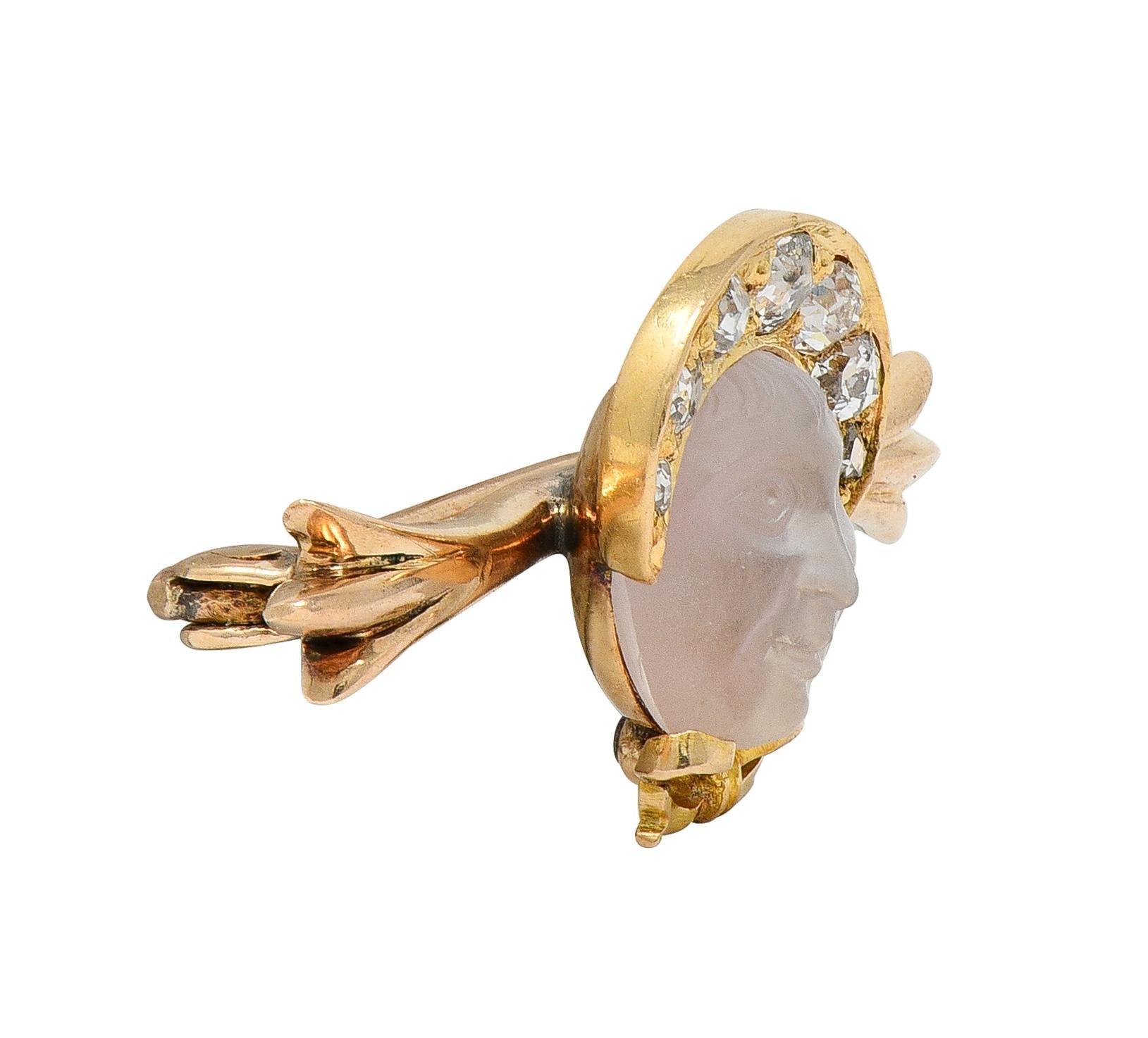 Victorian Diamond Carved Moonstone 14 Karat Yellow Gold Antique Baby Bar Brooch