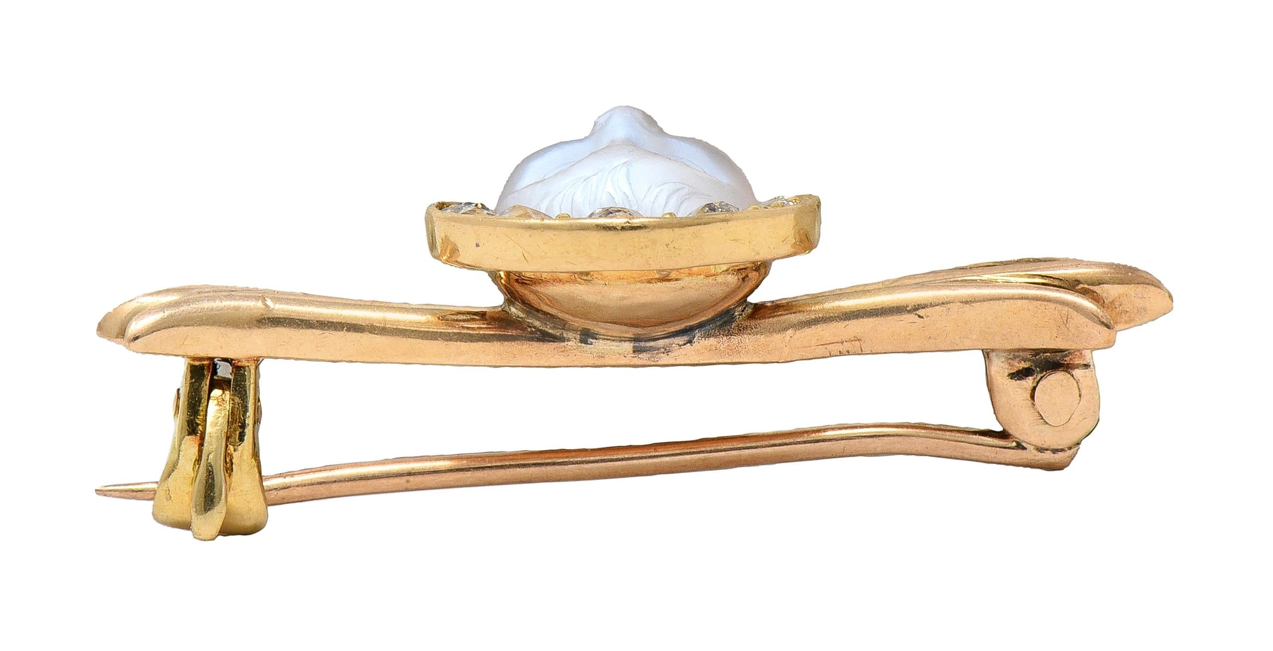 Victorian Diamond Carved Moonstone 14 Karat Yellow Gold Antique Baby Bar Brooch