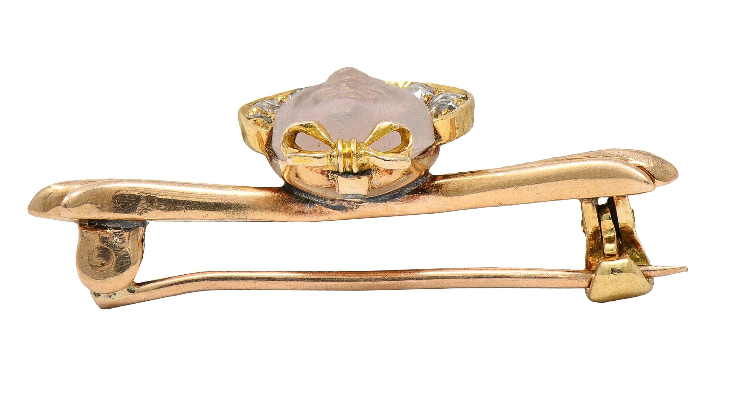 Victorian Diamond Carved Moonstone 14 Karat Yellow Gold Antique Baby Bar Brooch