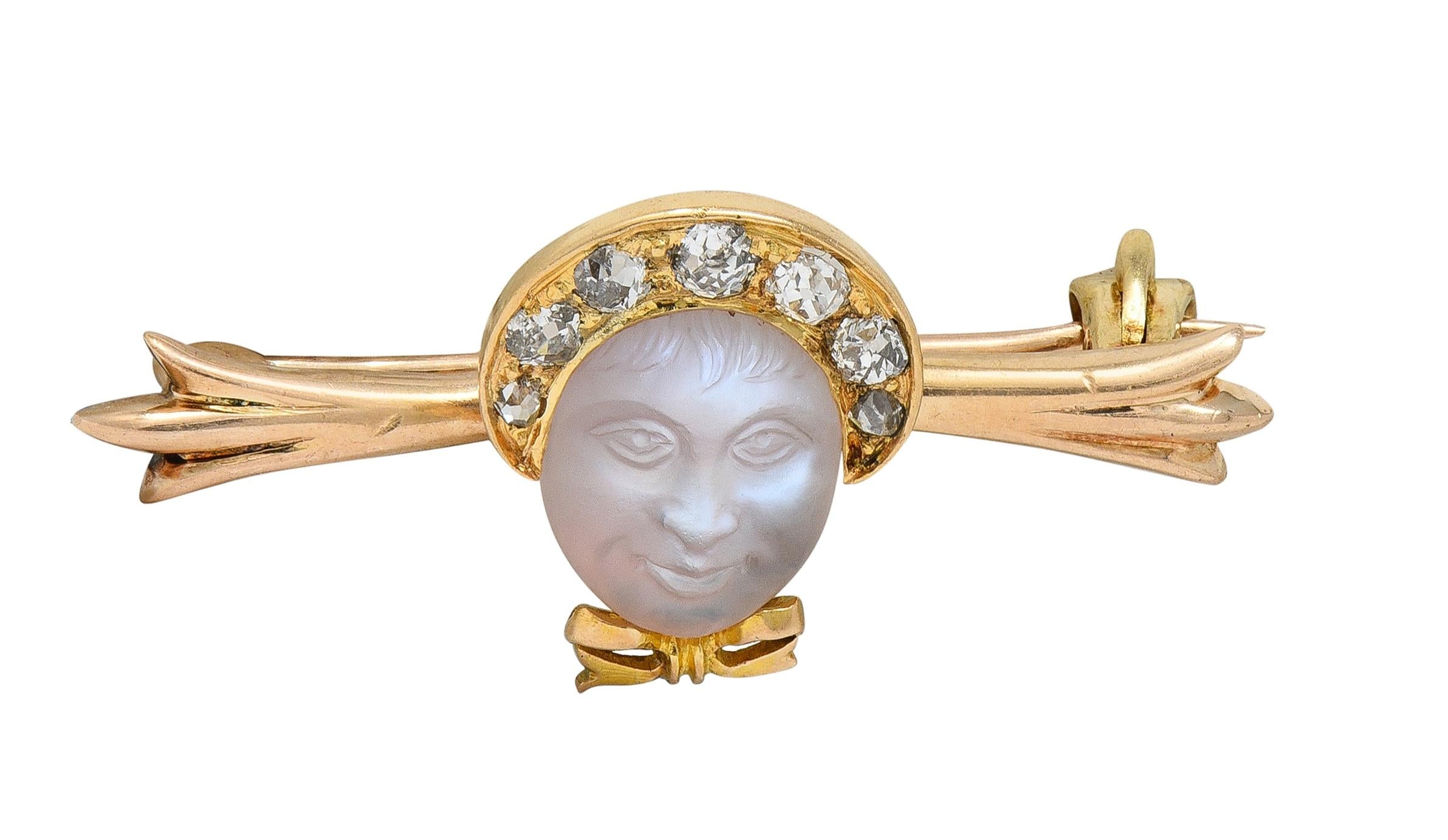 Victorian Diamond Carved Moonstone 14 Karat Yellow Gold Antique Baby Bar Brooch
