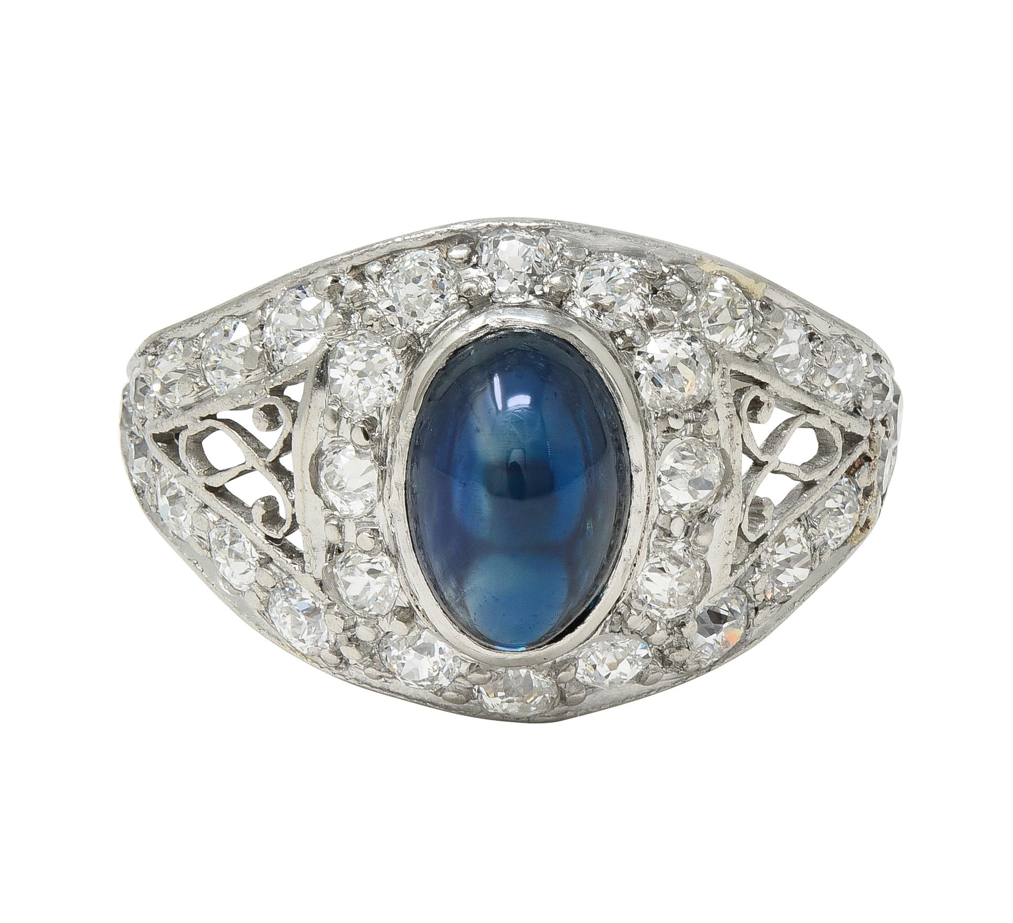 Art Deco Cabochon Sapphire Diamond Platinum Vintage Scrolling Bombé Ring