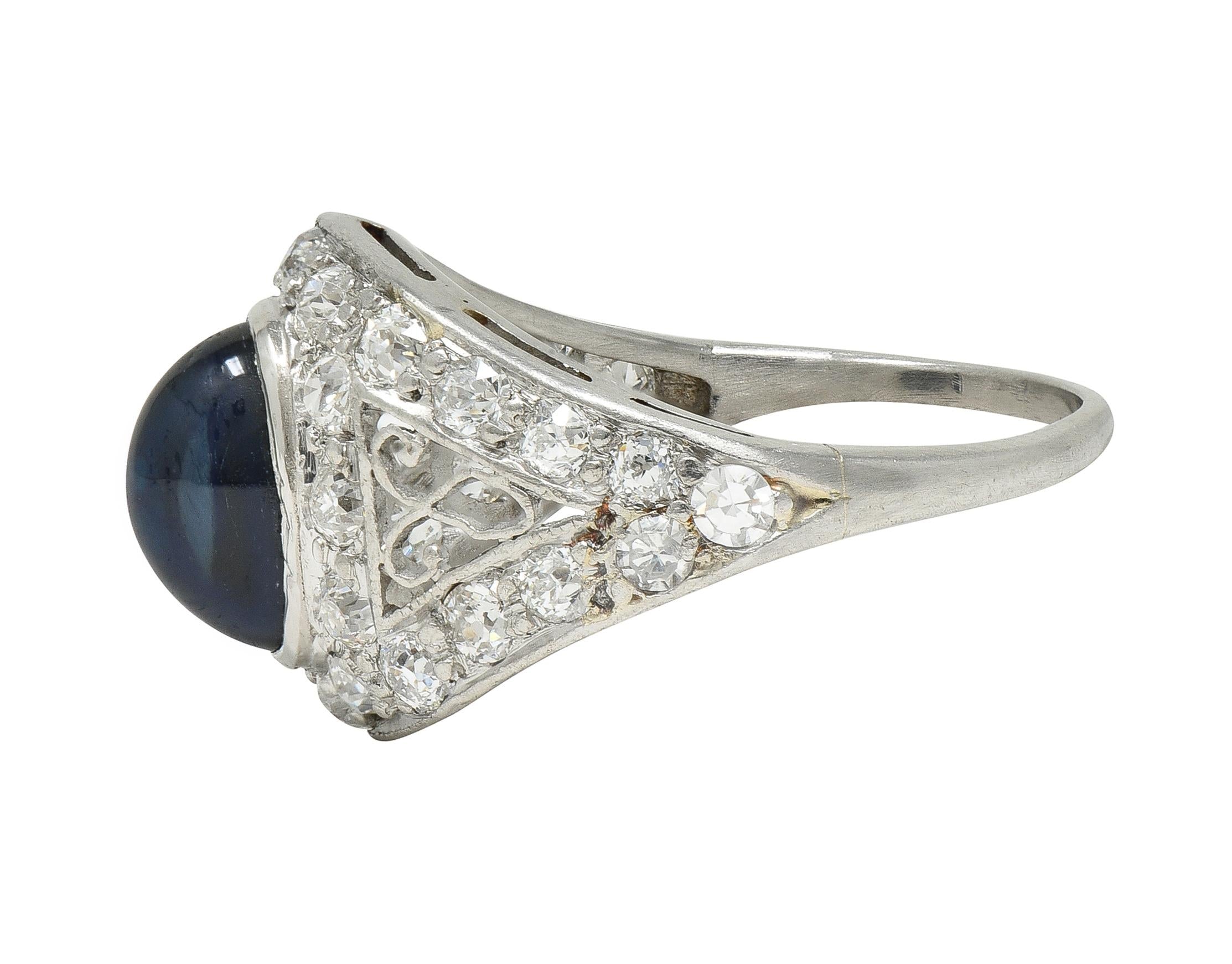 Art Deco Cabochon Sapphire Diamond Platinum Vintage Scrolling Bombé Ring