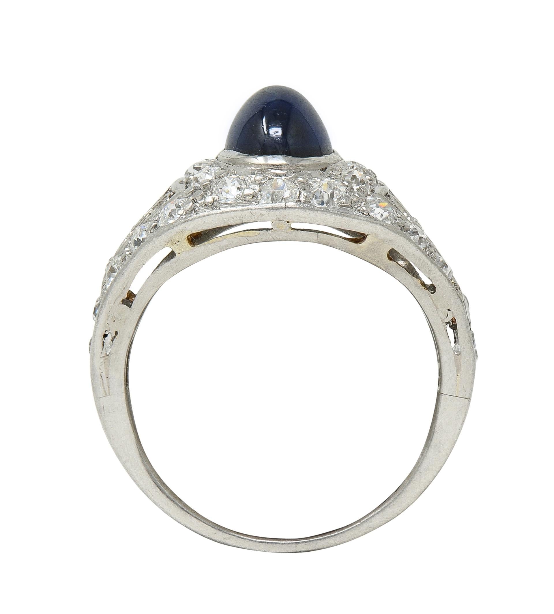 Art Deco Cabochon Sapphire Diamond Platinum Vintage Scrolling Bombé Ring