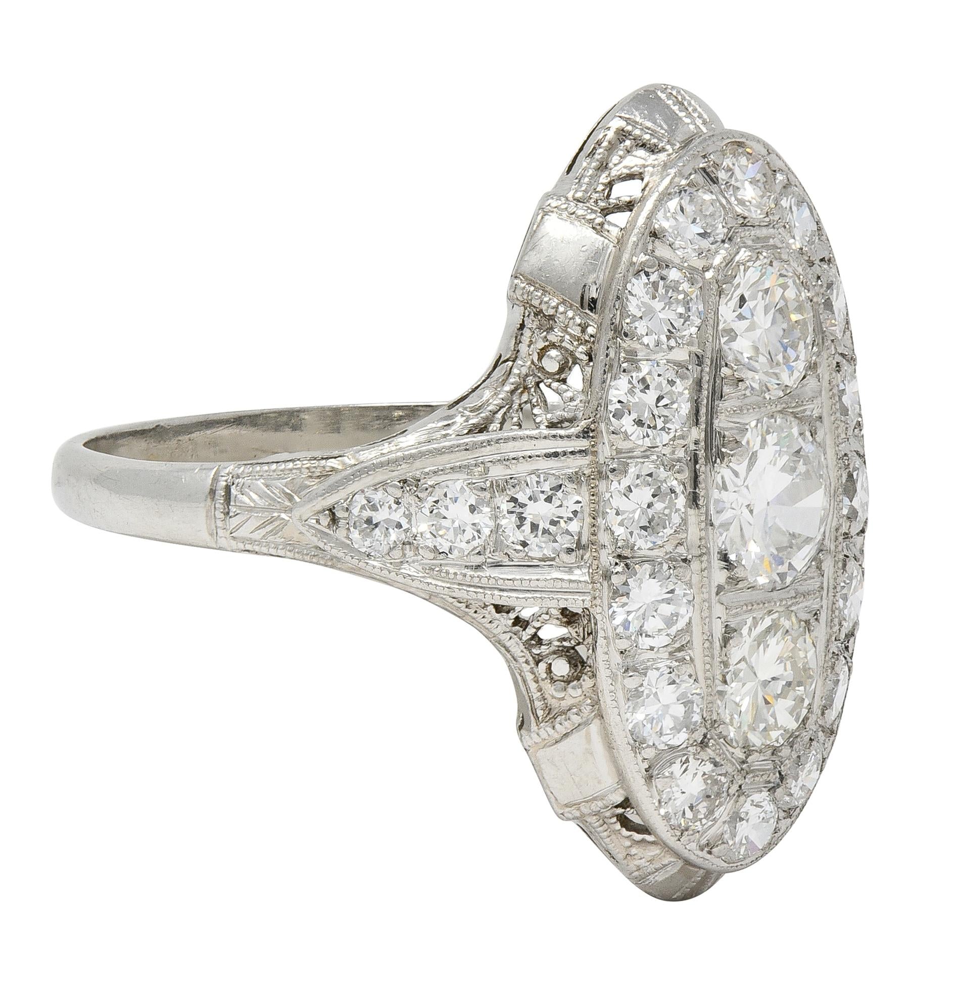Edwardian 2.68 CTW Diamond Platinum Antique Scrolling Navette Dinner Ring