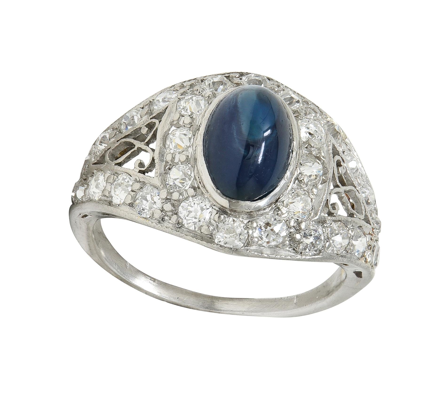 Art Deco Cabochon Sapphire Diamond Platinum Vintage Scrolling Bombé Ring