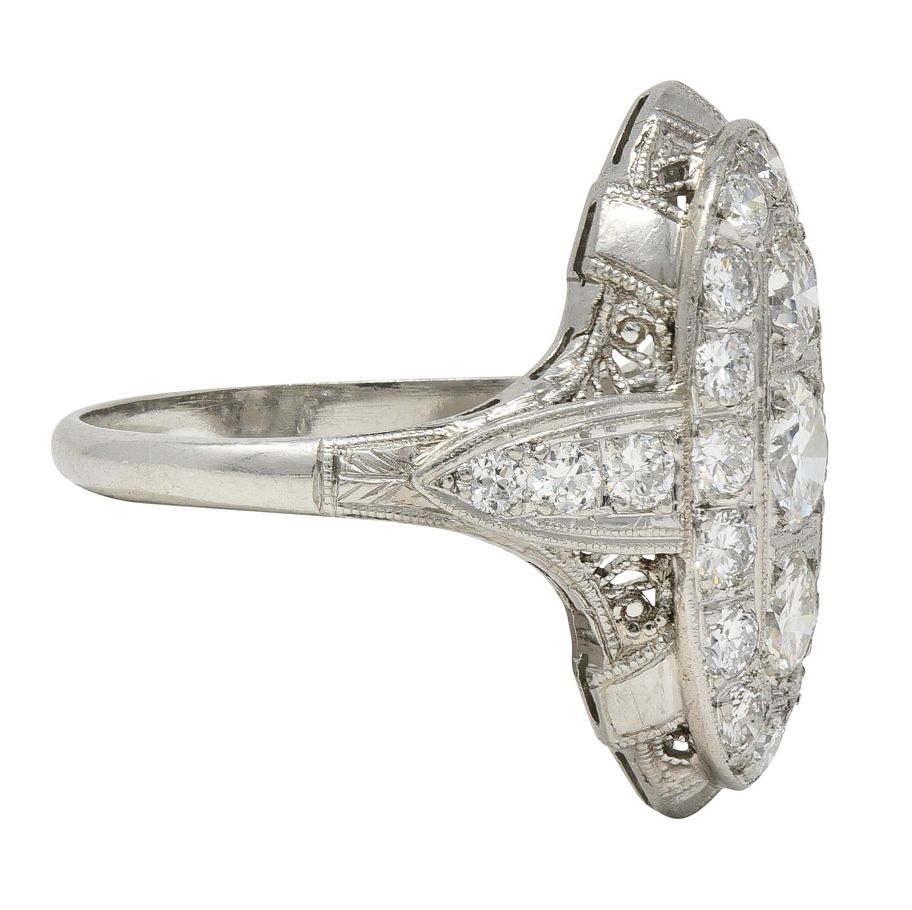 Edwardian 2.68 CTW Diamond Platinum Antique Scrolling Navette Dinner Ring