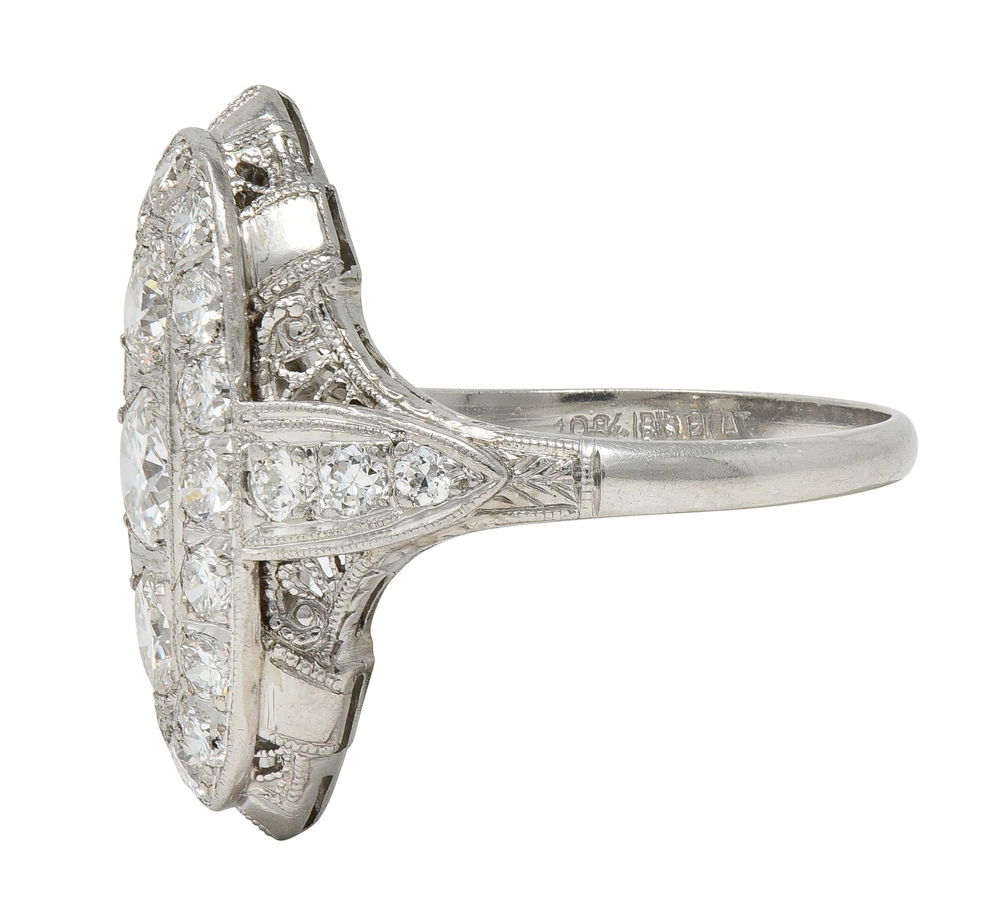 Edwardian 2.68 CTW Diamond Platinum Antique Scrolling Navette Dinner Ring