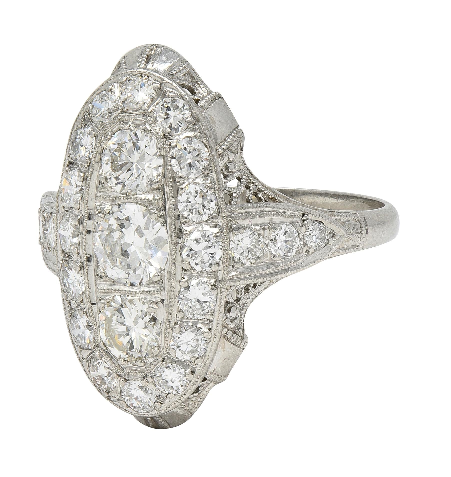 Edwardian 2.68 CTW Diamond Platinum Antique Scrolling Navette Dinner Ring