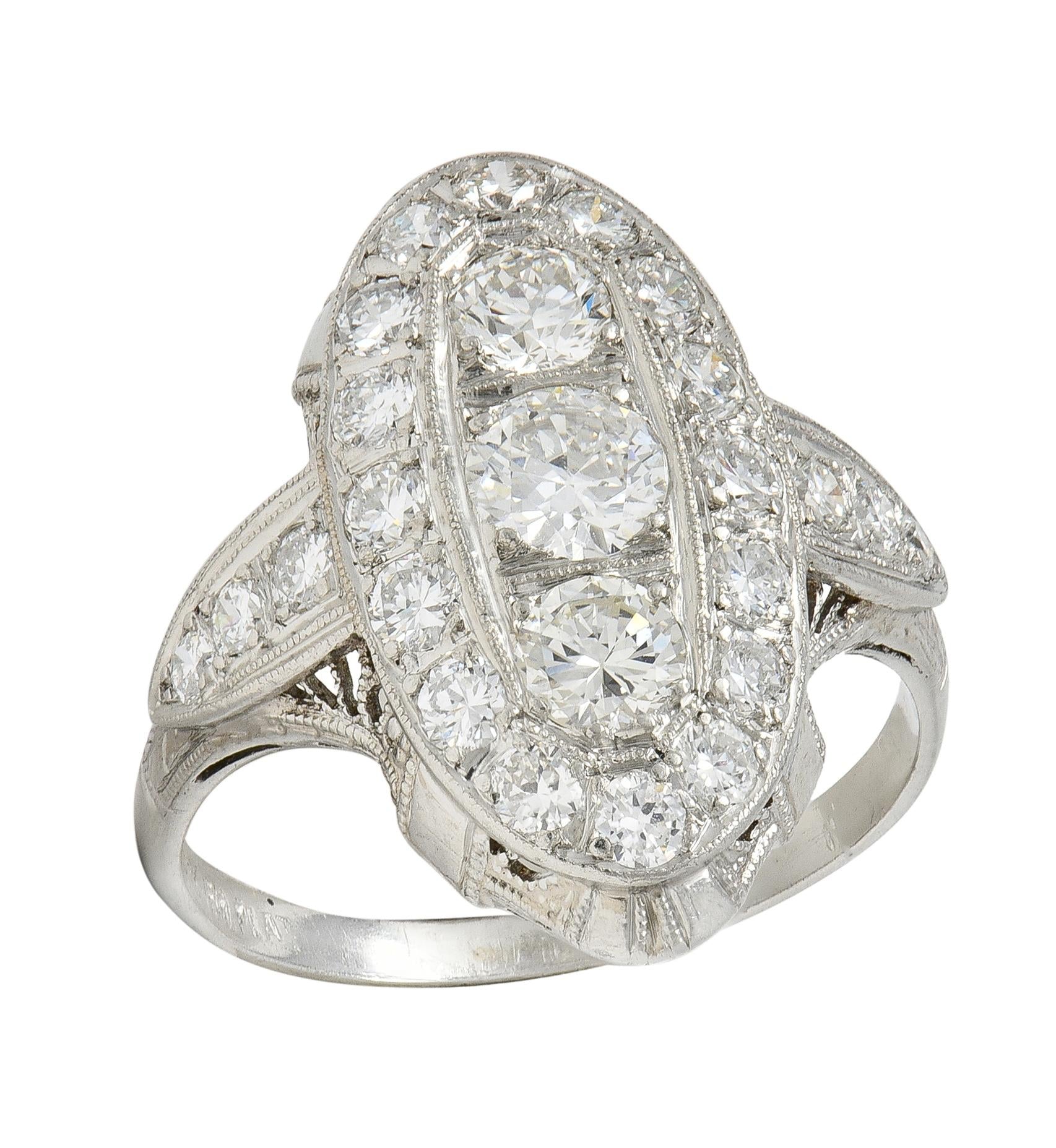 Edwardian 2.68 CTW Diamond Platinum Antique Scrolling Navette Dinner Ring
