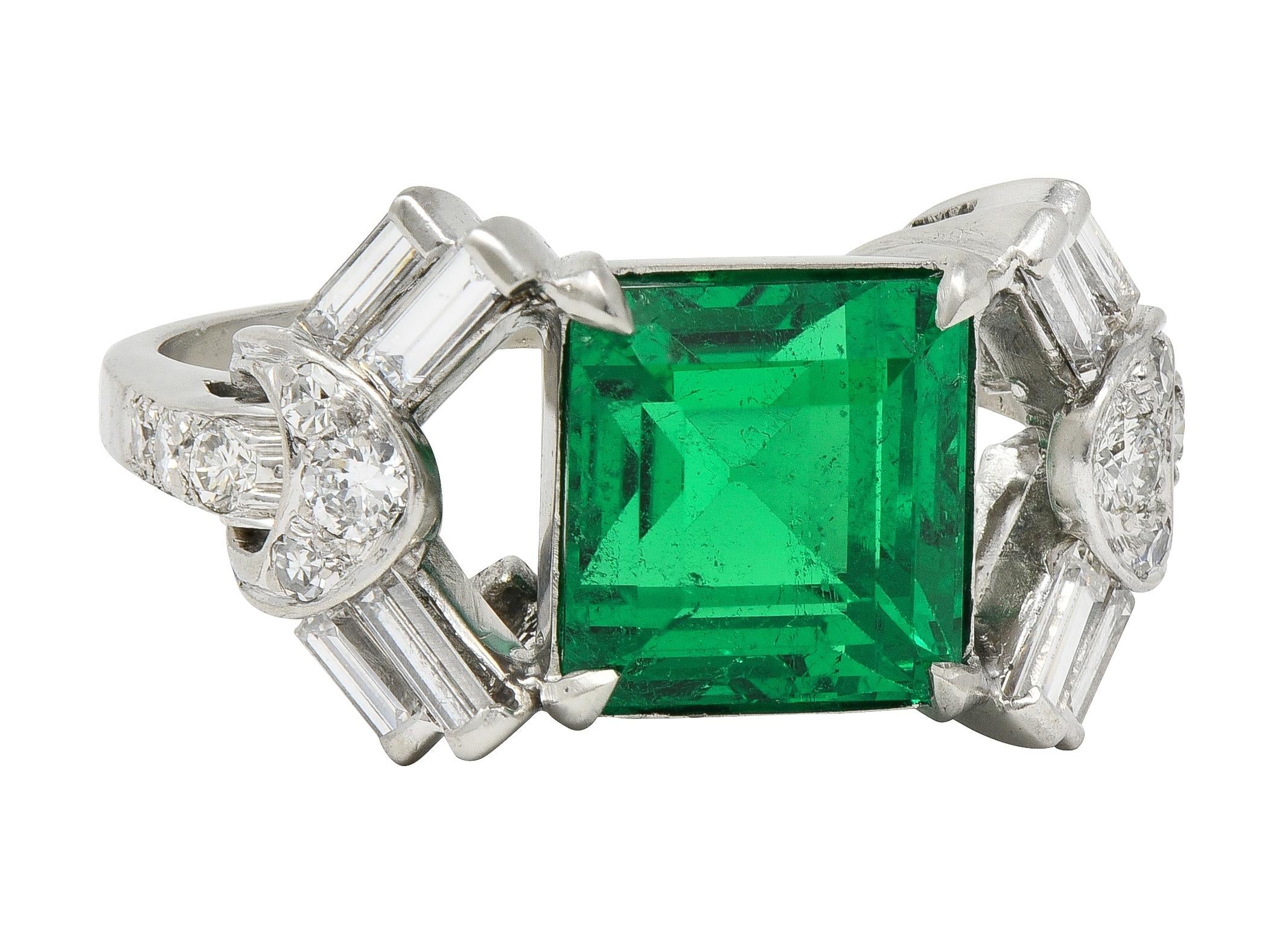 Mid-Century Colombian Emerald Diamond Platinum Vintage Buckle Cocktail Ring AGL