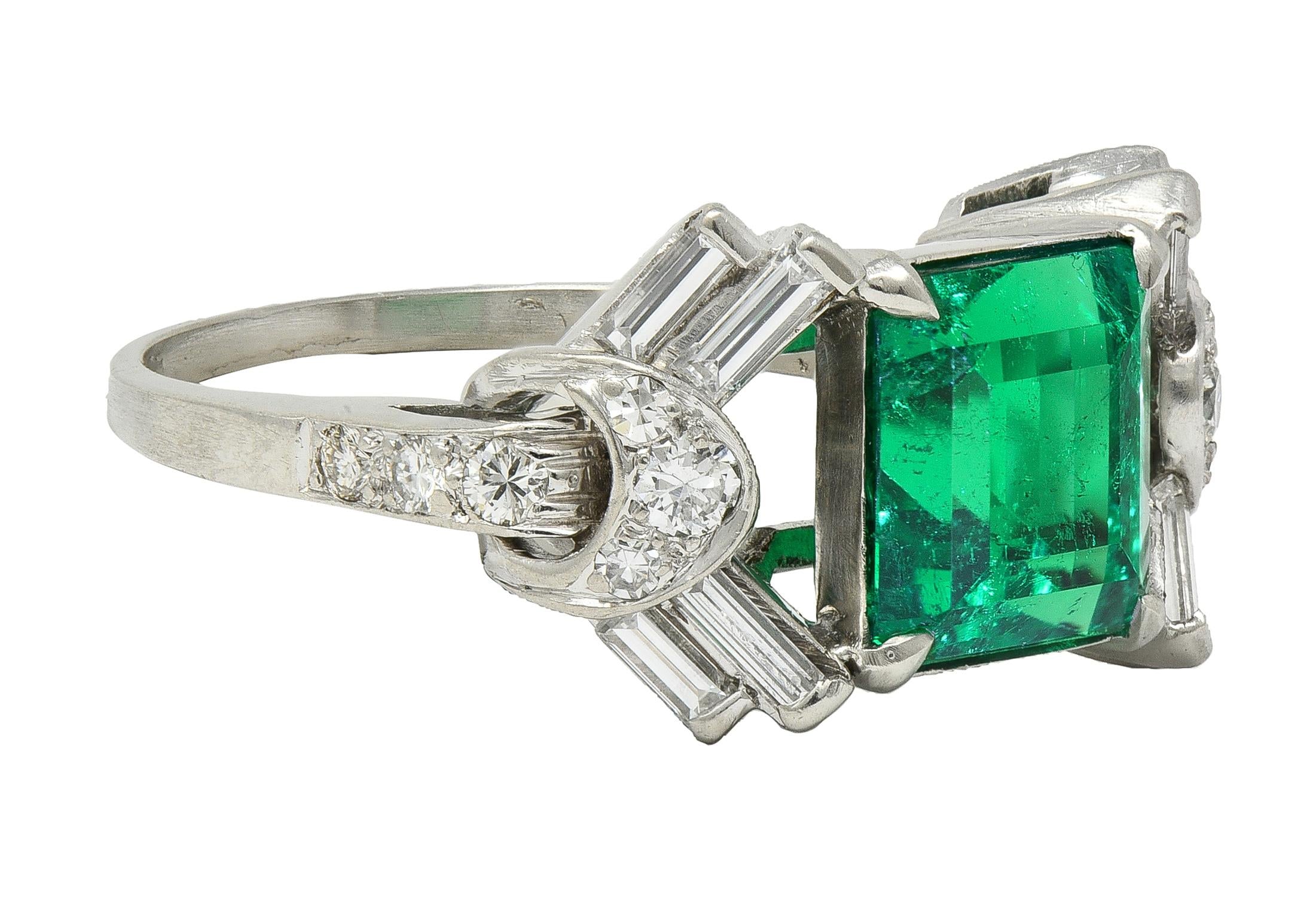 Mid-Century Colombian Emerald Diamond Platinum Vintage Buckle Cocktail Ring AGL