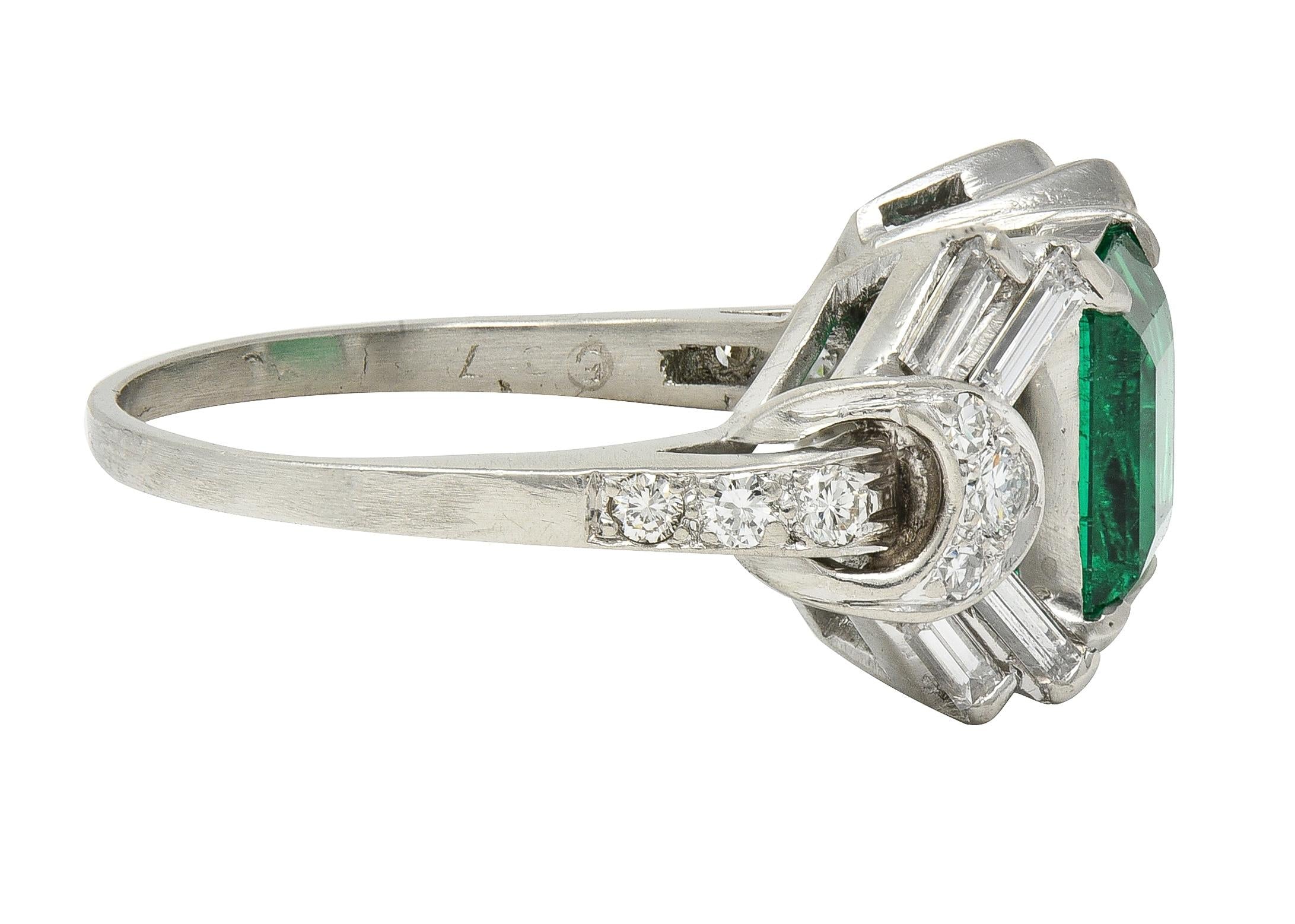 Mid-Century Colombian Emerald Diamond Platinum Vintage Buckle Cocktail Ring AGL
