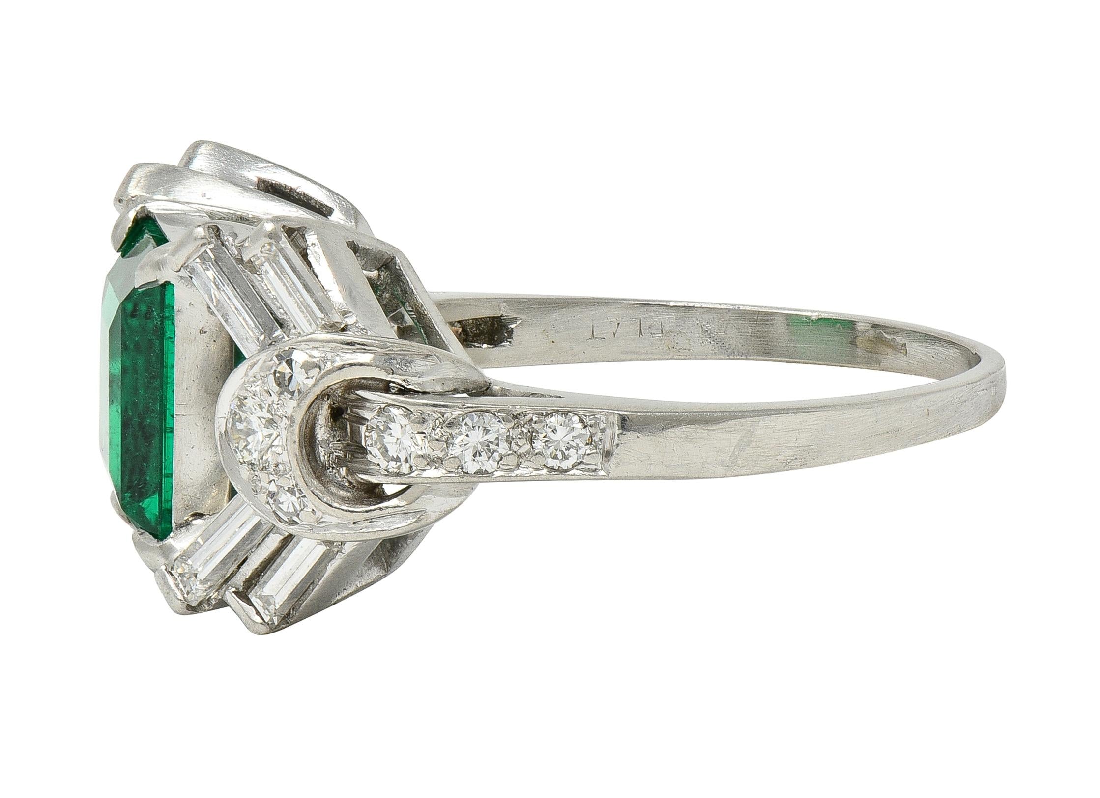 Mid-Century Colombian Emerald Diamond Platinum Vintage Buckle Cocktail Ring AGL