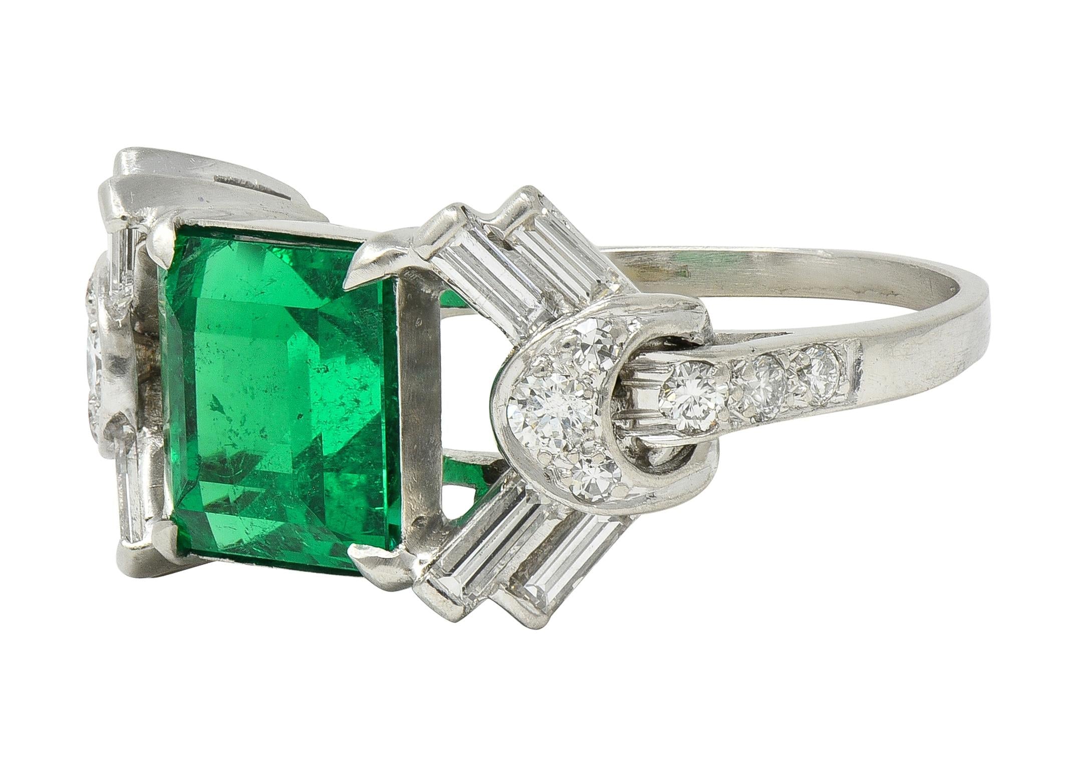 Mid-Century Colombian Emerald Diamond Platinum Vintage Buckle Cocktail Ring AGL