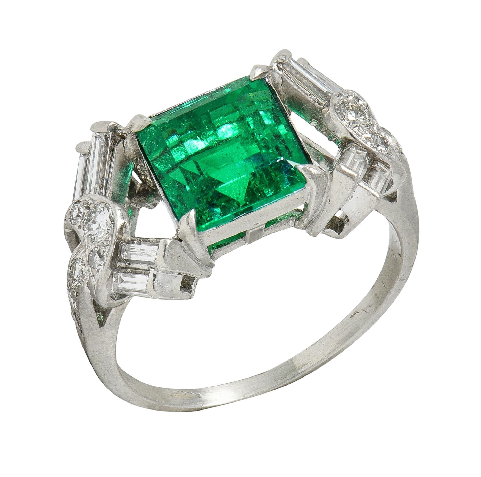 Mid-Century Colombian Emerald Diamond Platinum Vintage Buckle Cocktail Ring AGL