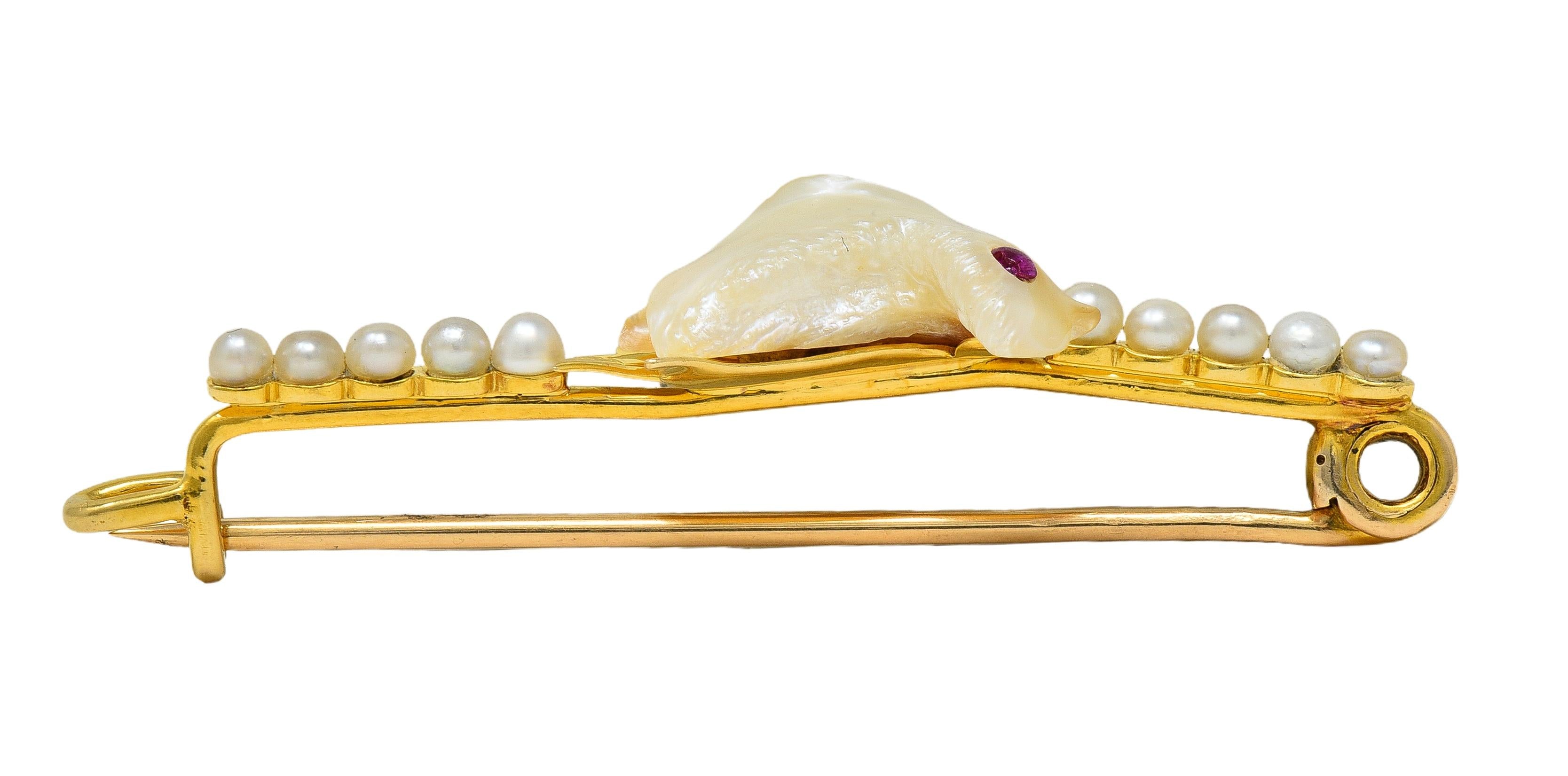 Edwardian Ruby Pearl 15 Karat Yellow Gold Antique Baroque Bird Bar Brooch