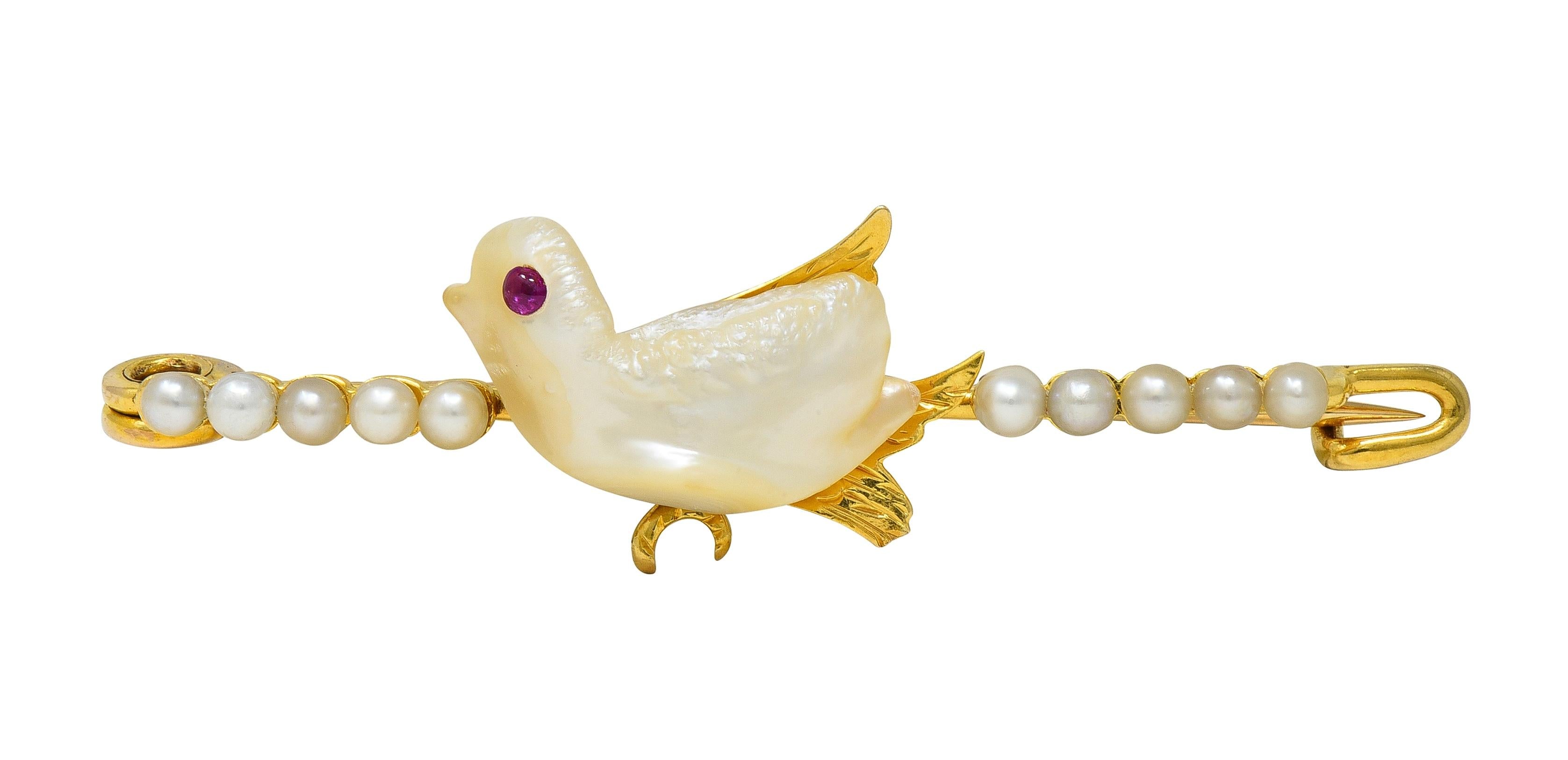 Edwardian Ruby Pearl 15 Karat Yellow Gold Antique Baroque Bird Bar Brooch