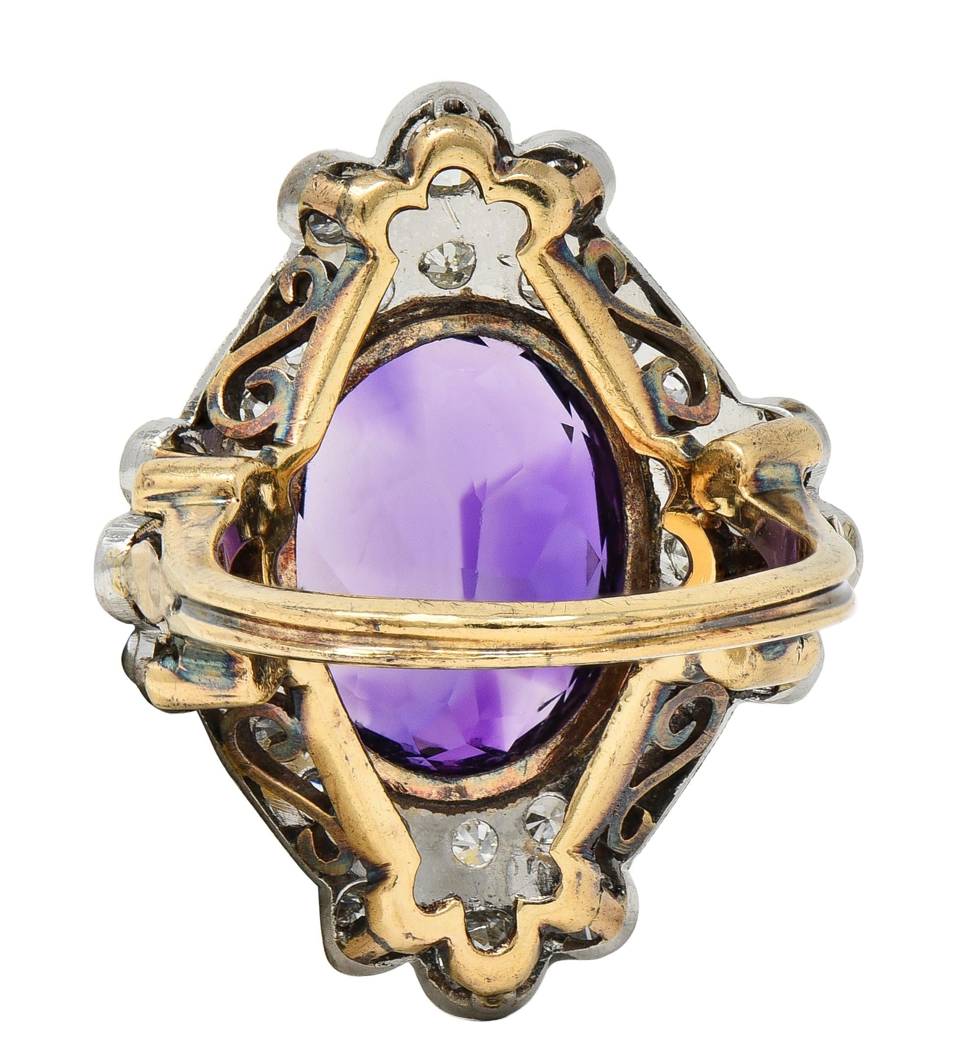 Edwardian 8.15 CTW Amethyst Diamond Platinum 14K Gold Antique Fleur-De-Lis Ring