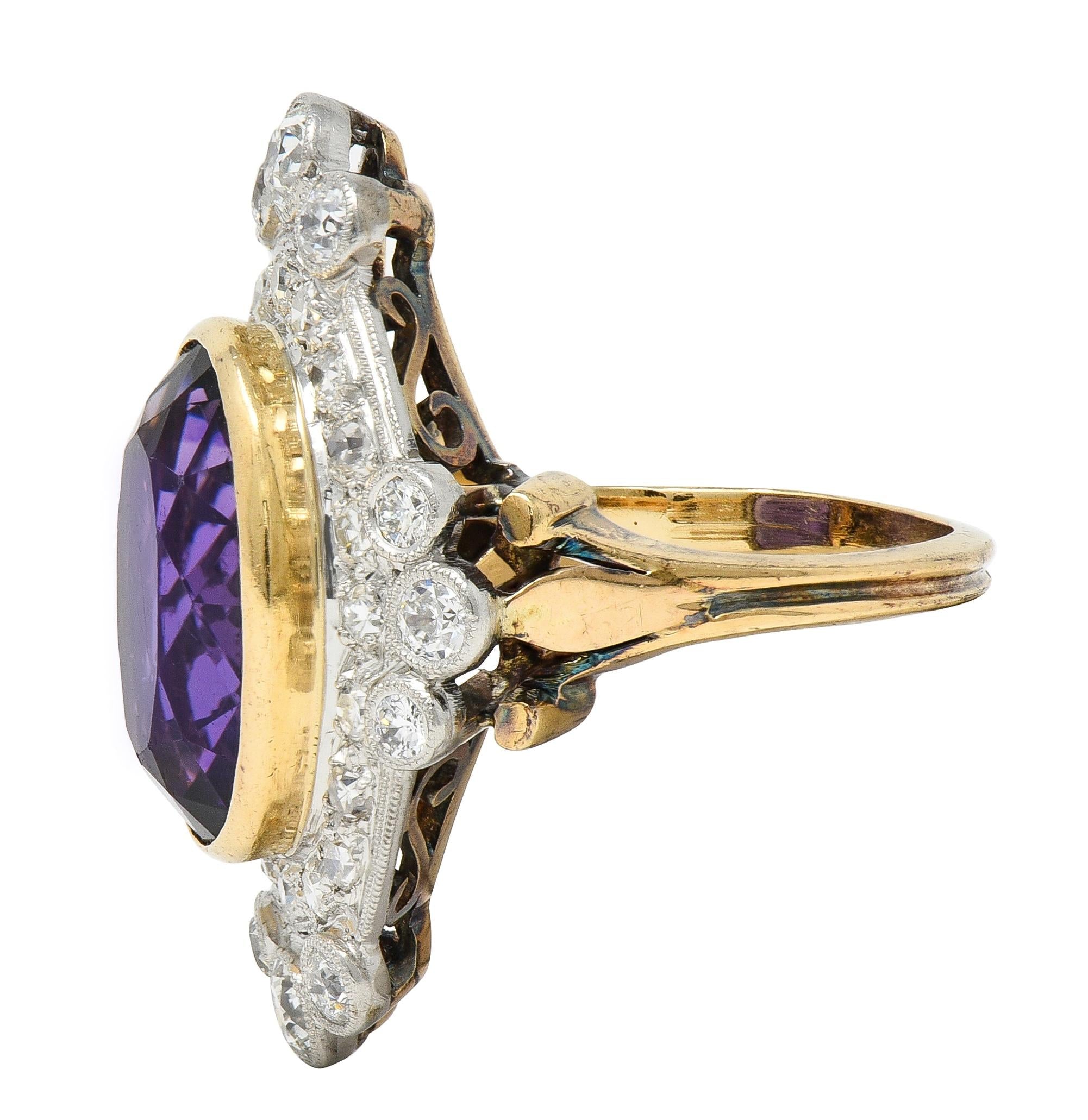 Edwardian 8.15 CTW Amethyst Diamond Platinum 14K Gold Antique Fleur-De-Lis Ring