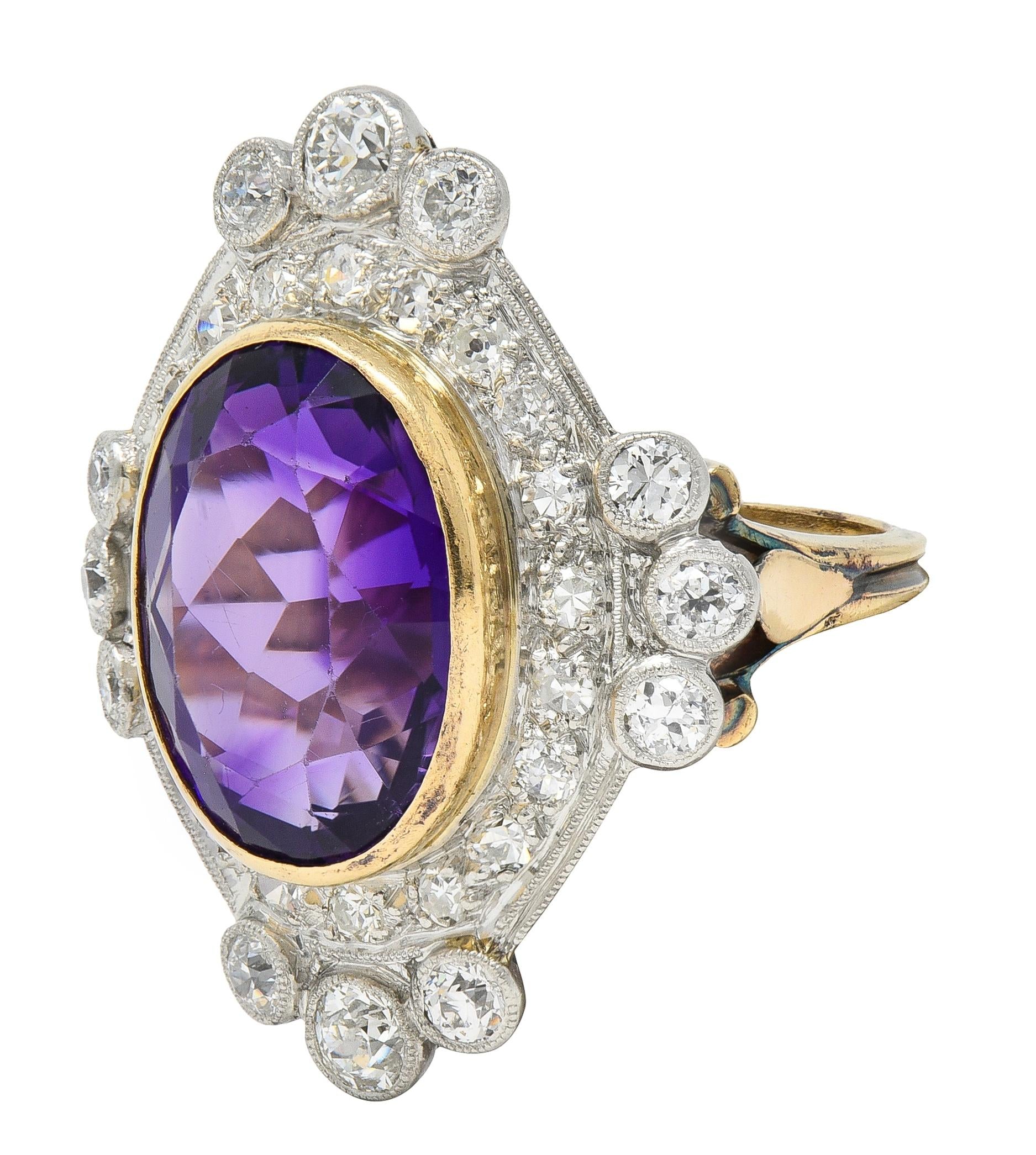 Edwardian 8.15 CTW Amethyst Diamond Platinum 14K Gold Antique Fleur-De-Lis Ring