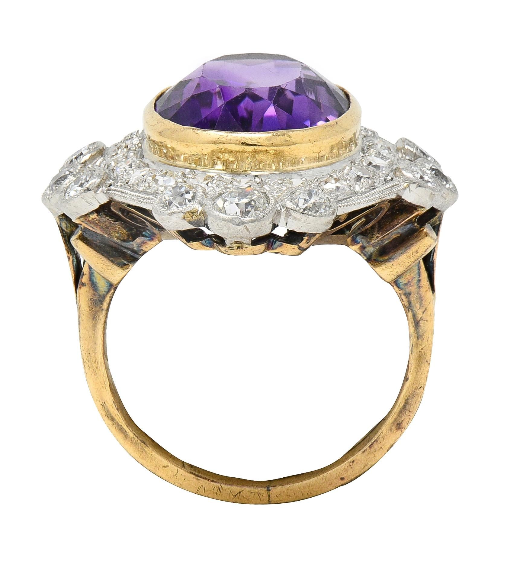 Edwardian 8.15 CTW Amethyst Diamond Platinum 14K Gold Antique Fleur-De-Lis Ring