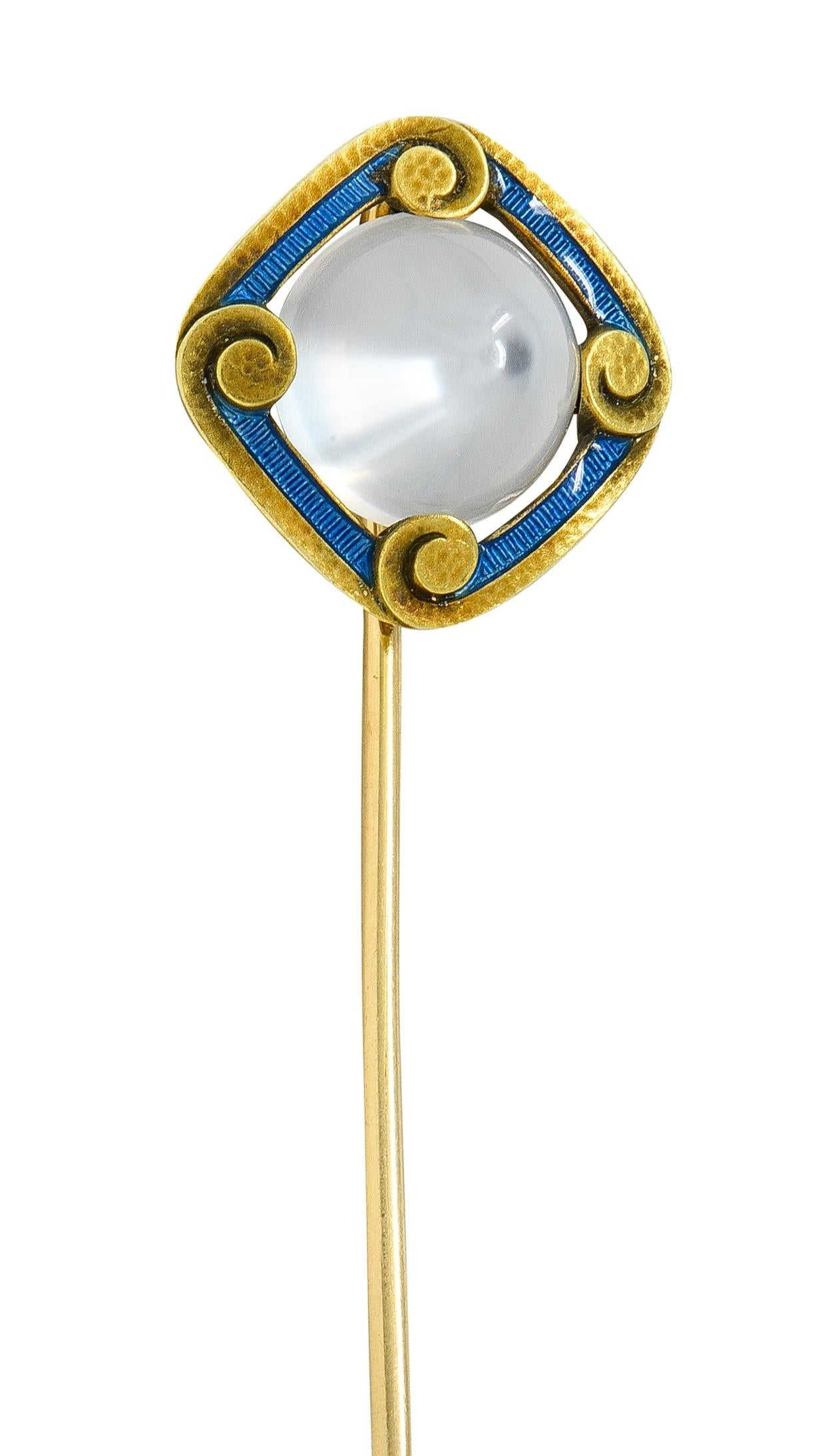 Carter Gough & Co. Art Nouveau Moonstone Enamel 14K Gold Antique Scroll Stickpin