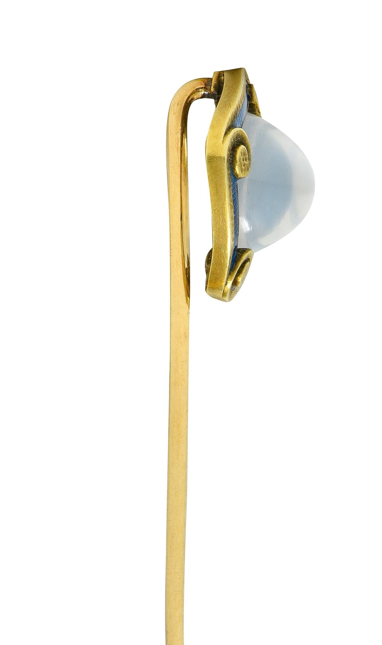 Carter Gough & Co. Art Nouveau Moonstone Enamel 14K Gold Antique Scroll Stickpin