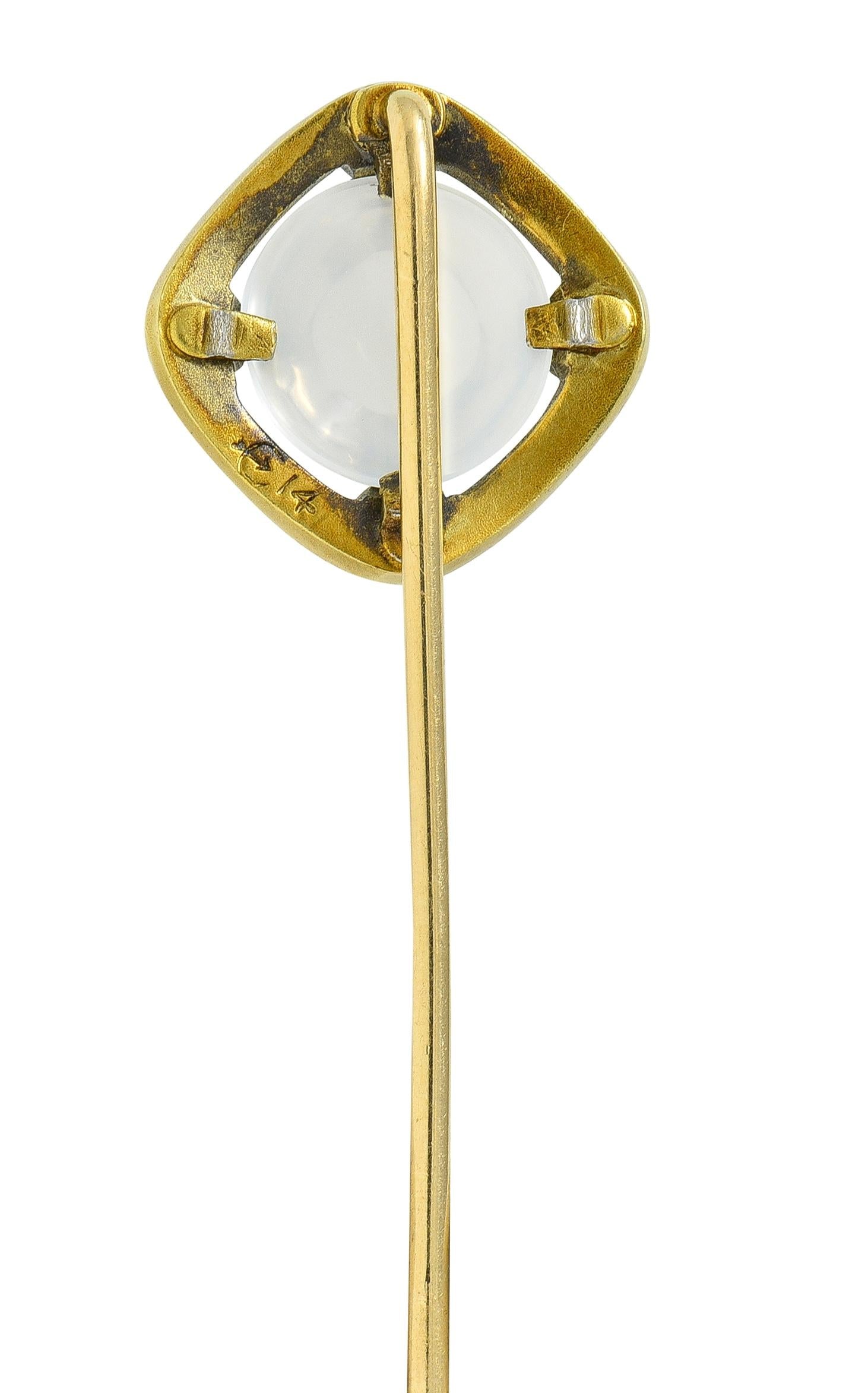 Carter Gough & Co. Art Nouveau Moonstone Enamel 14K Gold Antique Scroll Stickpin