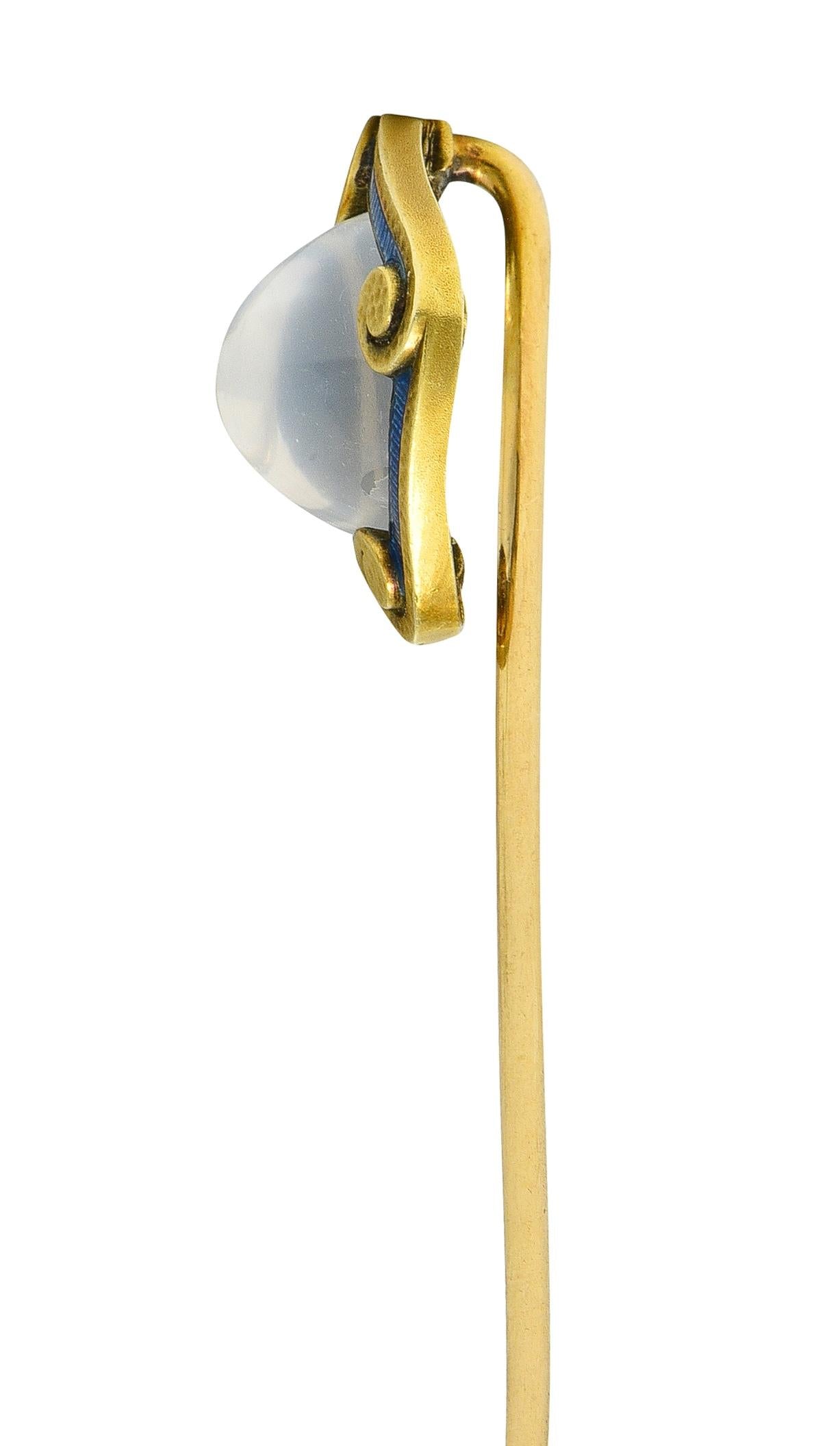 Carter Gough & Co. Art Nouveau Moonstone Enamel 14K Gold Antique Scroll Stickpin