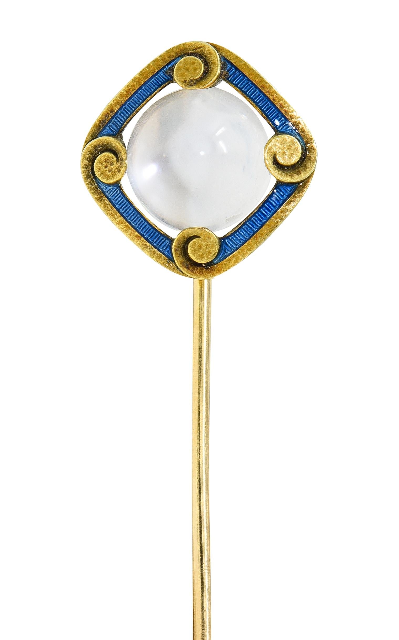 Carter Gough & Co. Art Nouveau Moonstone Enamel 14K Gold Antique Scroll Stickpin