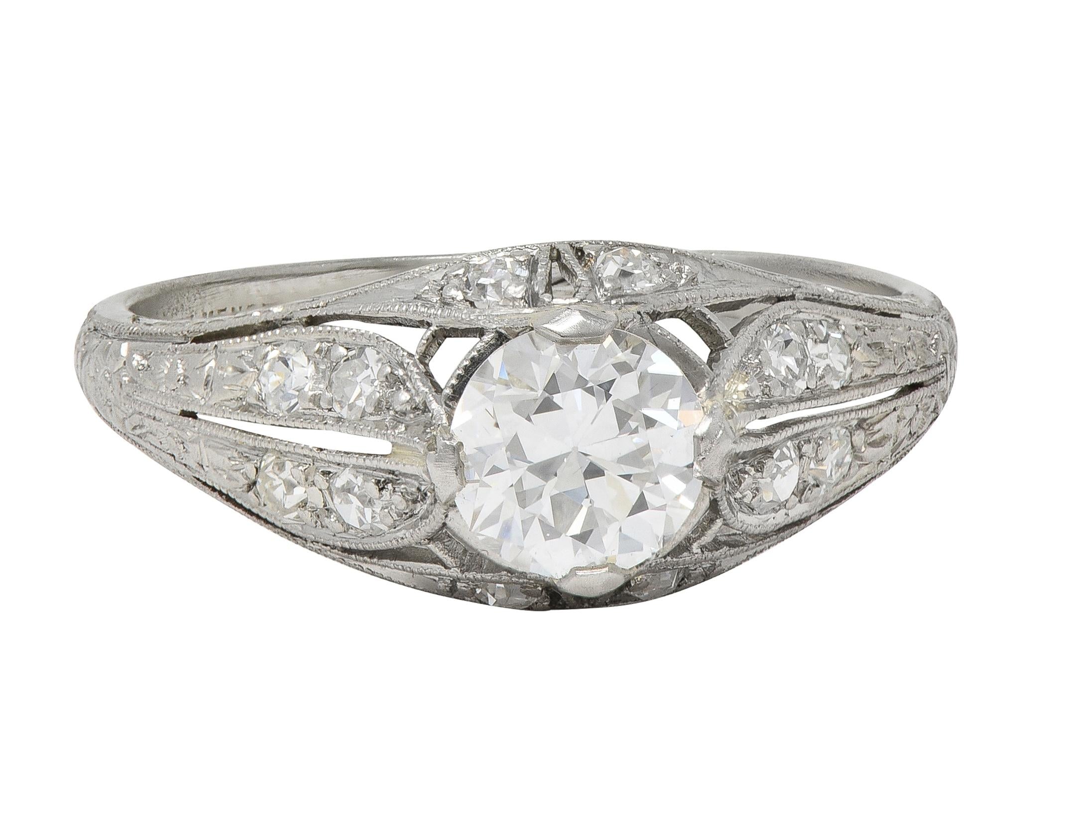 Late Art Deco 0.84 CTW Diamond Platinum Vintage Foliate Bombé Engagement Ring