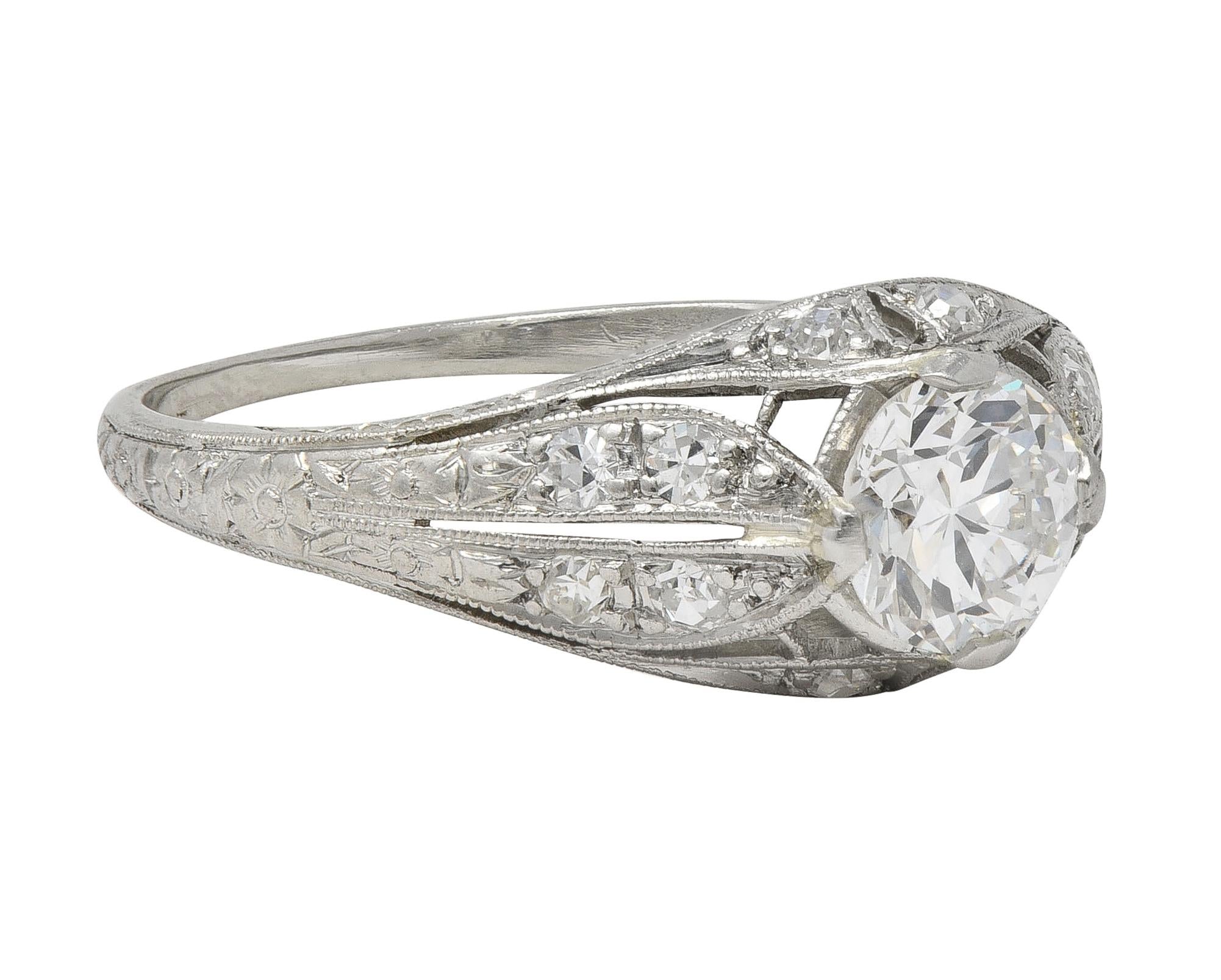 Late Art Deco 0.84 CTW Diamond Platinum Vintage Foliate Bombé Engagement Ring