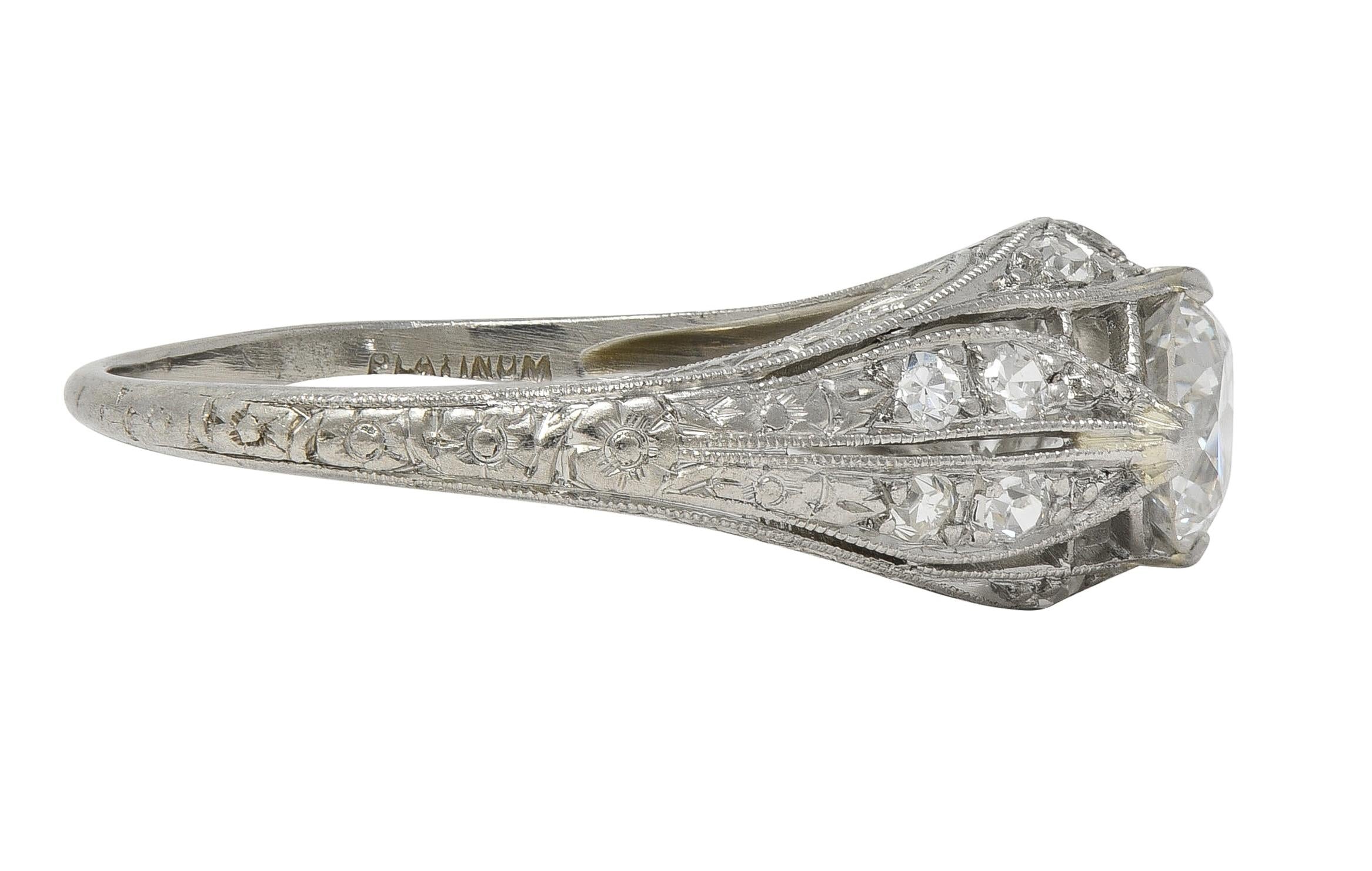 Late Art Deco 0.84 CTW Diamond Platinum Vintage Foliate Bombé Engagement Ring