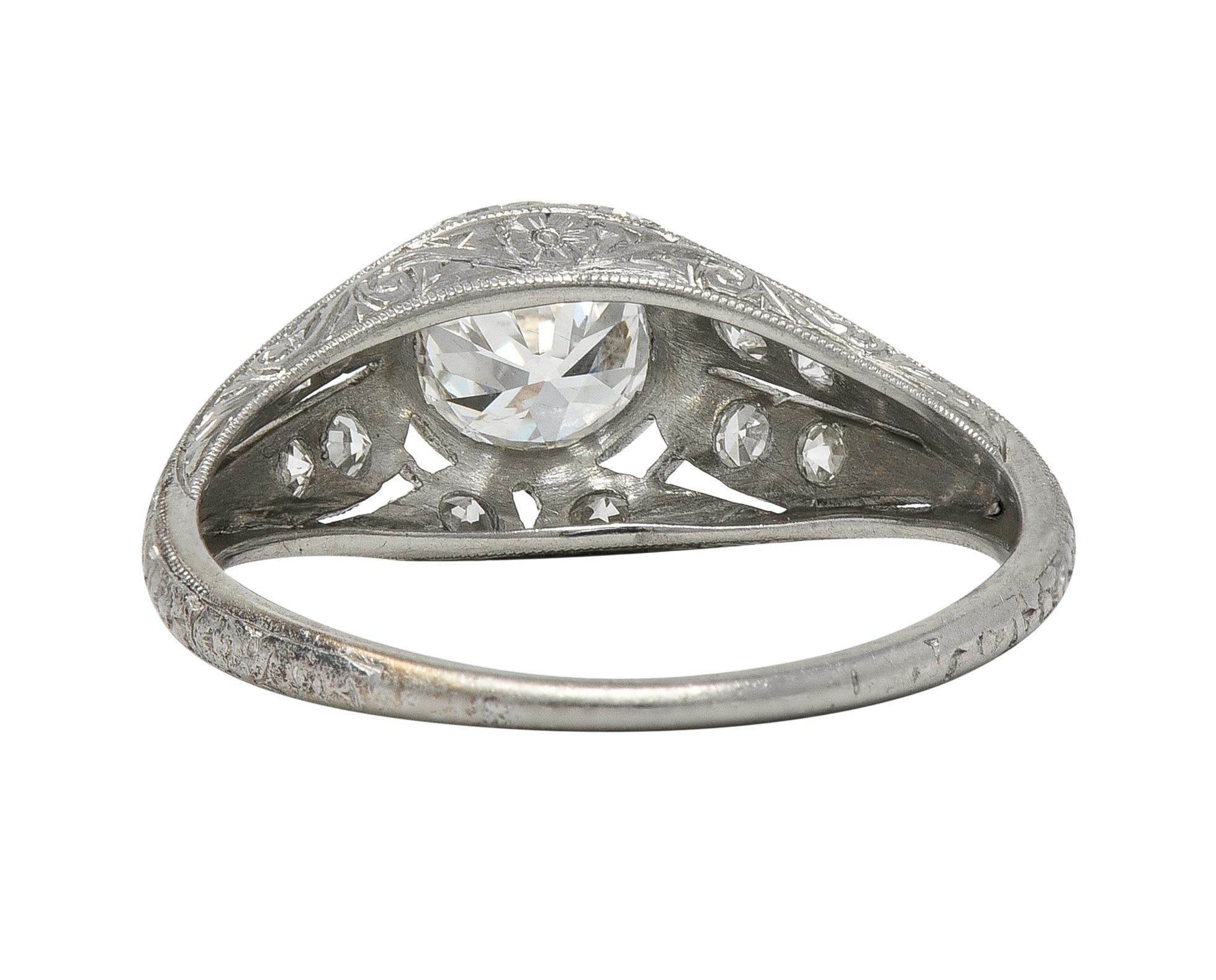 Late Art Deco 0.84 CTW Diamond Platinum Vintage Foliate Bombé Engagement Ring