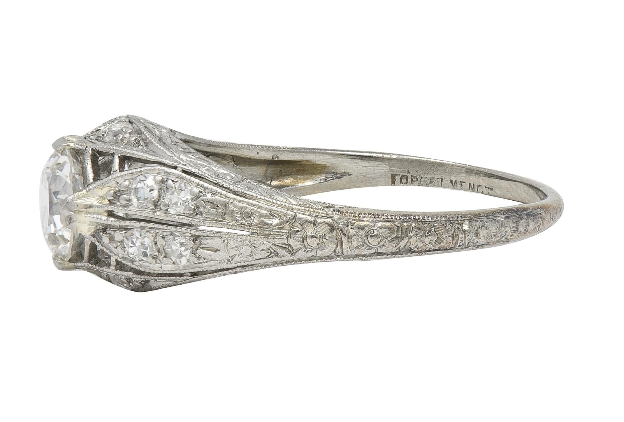 Late Art Deco 0.84 CTW Diamond Platinum Vintage Foliate Bombé Engagement Ring