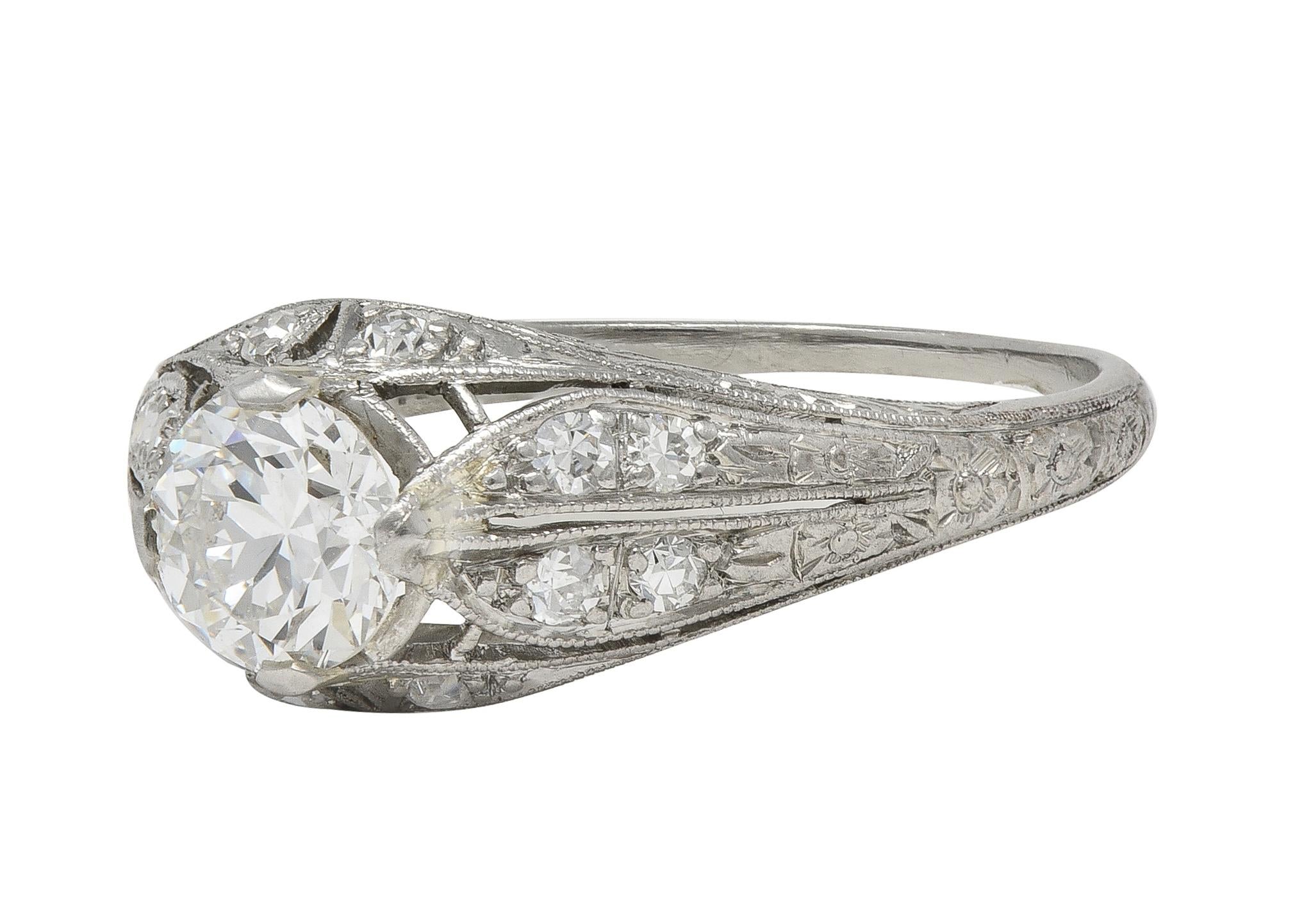 Late Art Deco 0.84 CTW Diamond Platinum Vintage Foliate Bombé Engagement Ring