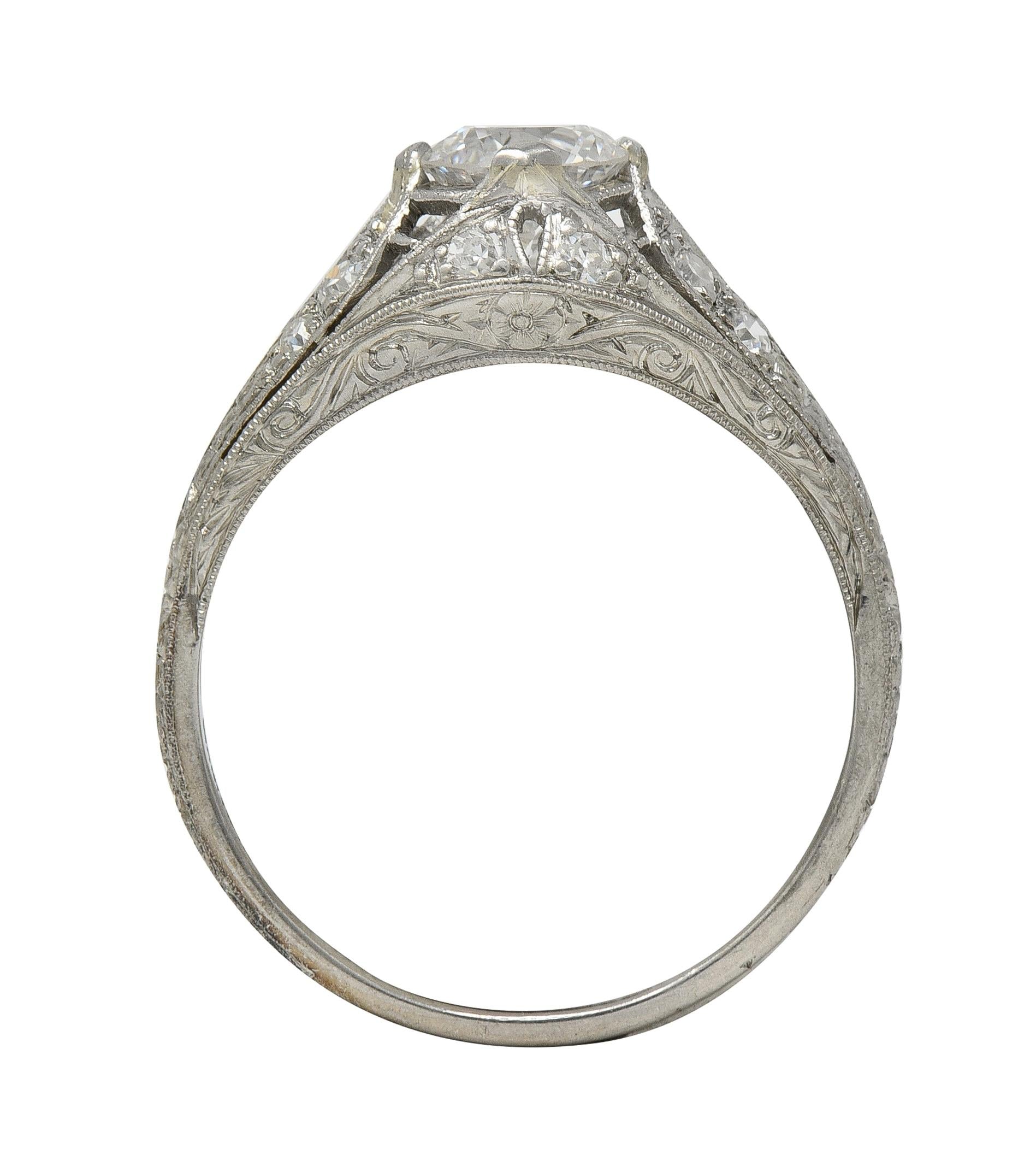 Late Art Deco 0.84 CTW Diamond Platinum Vintage Foliate Bombé Engagement Ring
