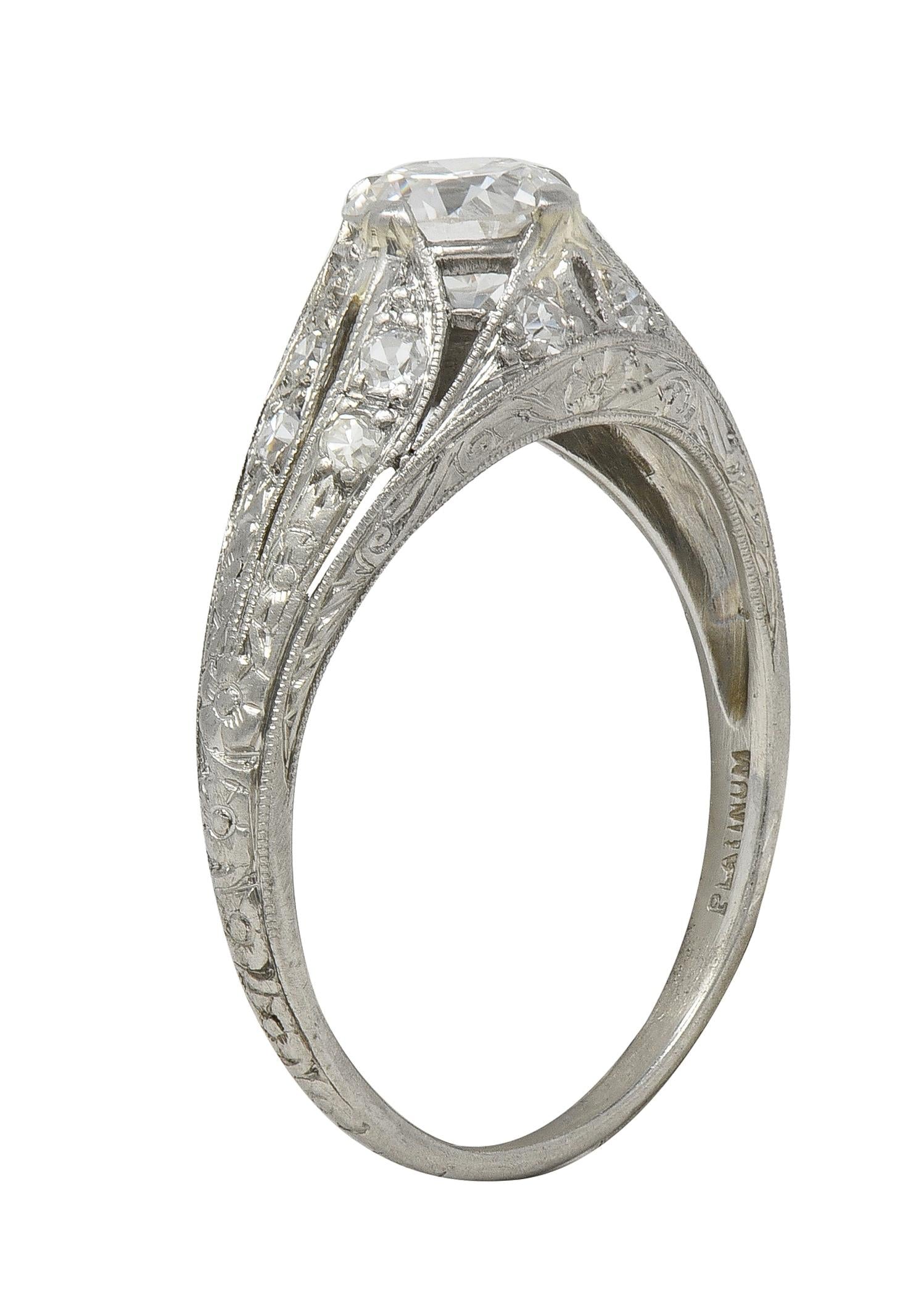 Late Art Deco 0.84 CTW Diamond Platinum Vintage Foliate Bombé Engagement Ring